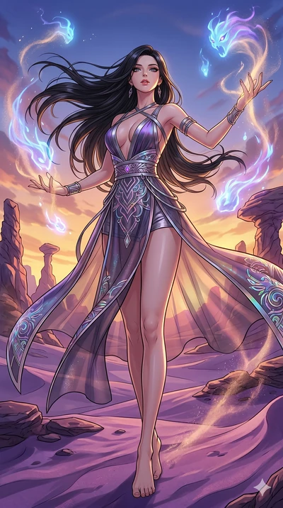 score_9, masterpiece, best quality, ultra-detailed, high-budget anime movie keyframe, cinematic anime lighting, intricate line art, Japanese woman. Low angle cowboy shot filling the entire 9:16 frame with her statuesque presence. summoning mystical s