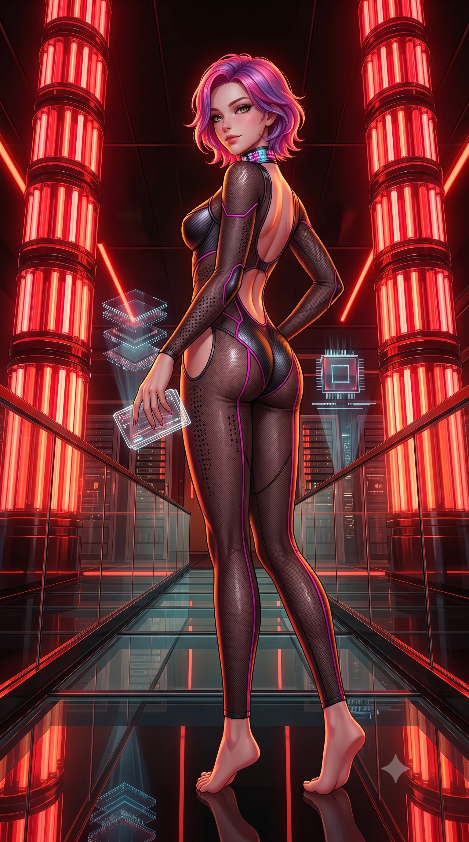score_9, masterpiece, best quality, ultra-detailed, high-budget anime keyframe, semi-realistic 3D game render, editorial fashion photography, tasteful artistic composition, Caucasian woman. low angle full-body shot from head to toe showing her feet, filling the entire 9:16 vertical frame with her statuesque presence, stretching her vertical silhouette. walking slowly along the transparent glass skybridge, looking back over her shoulder with an air of effortless grace and an alluring, smoldering smile while standing poised between soaring red neon columns with hips cocked, holding an electronic card deck while casting a smoldering, sovereign gaze. The surrounding environment is rendered in vivid detail and crisp panoramic clarity: sharp holographic chip stack projections, polished black lacquer table reflections, and red neon tube clarity in deep focus. She has an absolutely perfect, statuesque 8.5-heads proportion, an exceptionally tall and slender model-like female figure with impossibly long slender legs, an ultra-slim waist, a flat toned midriff, narrow delicate ribcage, and beautifully sculpted feminine hips creating a graceful, slim hourglass silhouette without any bulky heaviness. sharp v-shaped jawline, high-bridge nose, intricate jewel-like sparkling eyes with depth, thick eyelashes, glossy parted lips with a natural sheen, bright confident smile with an enchanting and coquettish sensual glint, exuding both youthful magnetic charm and sovereign high-tech allure, flawlessly proportioned anatomical accuracy, strict slender model proportions, natural body alignment, perfectly sculpted long slender limbs, ultra-slim waistline, clean dynamic posture without body distortion. wearing a semi-translucent smoke-black mesh tactical catsuit with reinforced carbon-fiber bustier plating in deep titanium gunmetal and radiant magenta neon, made of high-grade ballistic nylon with precision laser-cut perforations, complemented by a high-tech holographic choker projecting miniature glyphs, the precision-cut side openings and low-back scoop framing her graceful spine and the sensual sweep of her slim, toned hips. bathed in intense crimson and deep amber low-key neon accent lighting. highly saturated vibrant anime colors, detailed shading with soft gradients, rich glossy textures, high-contrast stereoscopic depth, volumetric dynamic lighting, master piece, 9:16 ratio