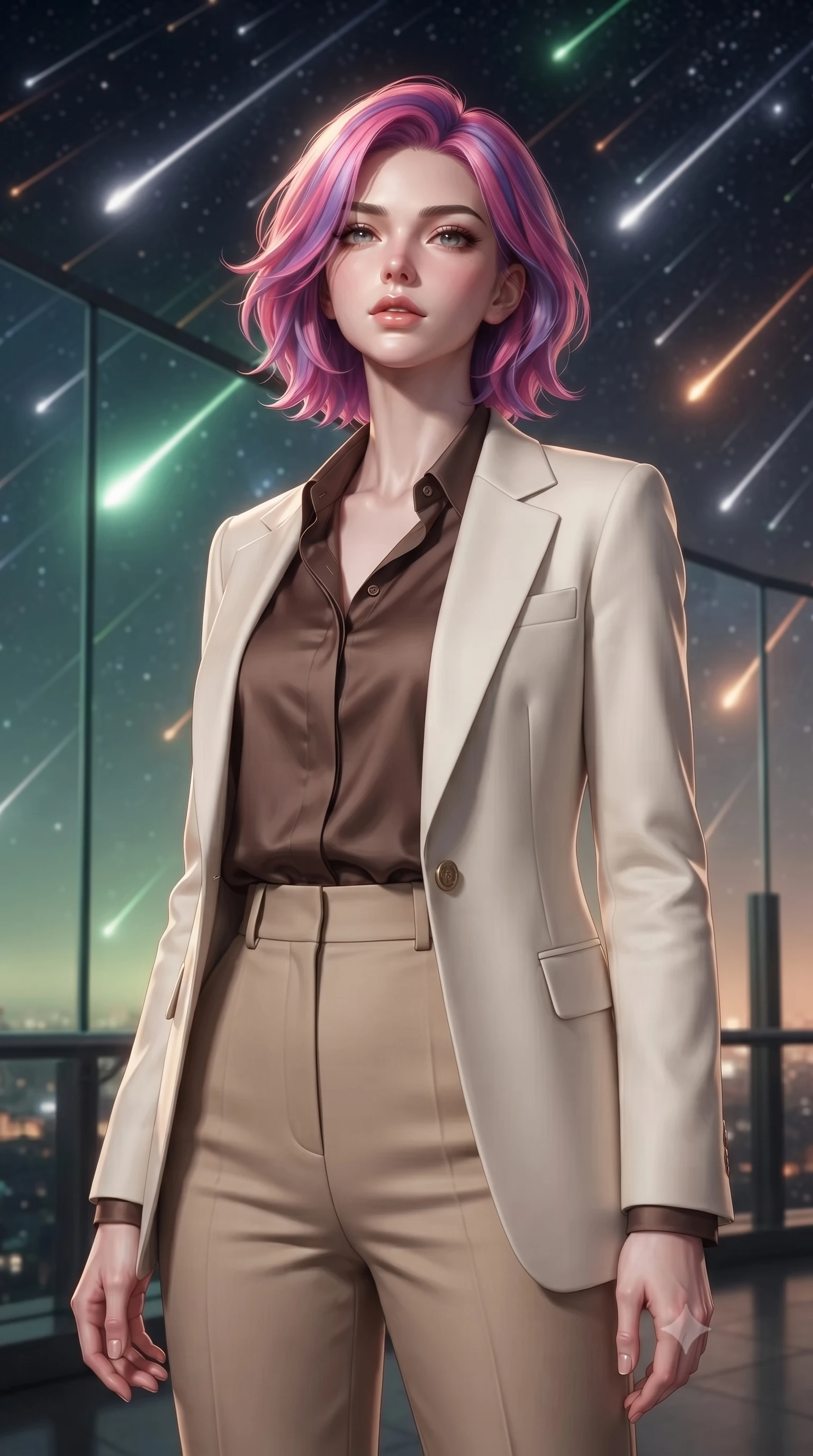 score_9, masterpiece, best quality, ultra-detailed, high-budget anime keyframe, editorial fashion photography, tasteful artistic composition, Caucasian woman, strictly human ears. close-up cowboy shot from the waist and thighs up, the character dominates the composition, filling the frame with her large presence, background elements kept in soft focus. Tilting her chin up slightly with lips parted in a composed expression. set against a soft-focus background of a transparent observation deck during the most spectacular meteor shower in a millennium thousands of bright streaks crossing the sky in every direction some leaving persistent glowing trails of ionized gas. She has an exceptionally elegant and slender, willowy female figure with an ultra-slim waist, a gracefully sculpted slender torso, and a refined slim physique. sharp v-shaped jawline, high-bridge nose, intricate jewel-like eyes with depth, thick eyelashes, glossy lips with a natural sheen. wearing a structured ivory blazer over a cocoa brown silk blouse, paired with high-waisted sand-colored tailored trousers. rapid flashes of brilliant white meteor trails creating dynamic strobing illumination against the dark sky with soft persistent green and orange trails providing ambient glow. 2k, ultra detail, master piece, 9:16 ratio