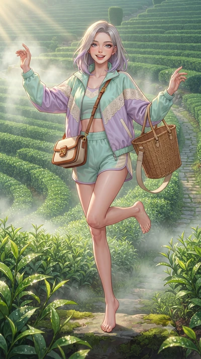score_9, masterpiece, best quality, ultra-detailed, high-budget anime keyframe, editorial fashion photography, tasteful artistic composition, Caucasian woman. low angle full-body shot from head to toe showing her feet, filling the entire 9:16 vertica