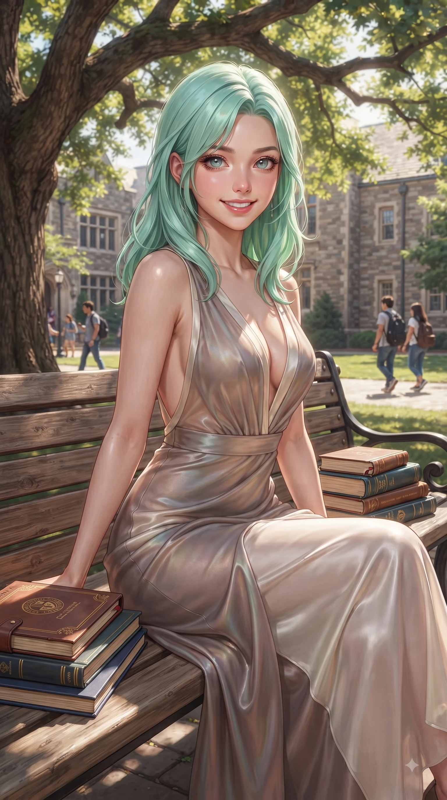 score_9, masterpiece, best quality, ultra-detailed, high-budget anime keyframe, editorial fashion photography, tasteful artistic composition, Japanese woman. close-up cowboy shot from the waist and thighs up, the character dominates the composition, filling the frame with her large presence, background elements kept in soft focus. Gazing directly into the camera with a fresh, infectious smile as her torso curves dynamically in mid-stride while sitting gracefully on a wooden bench under a towering oak tree on a sunlit college campus, stacks of classic textbooks and leather notebooks adding an intelligent college charm. She has an exceptionally elegant, slender, and willowy female figure with an ultra-slim waist, a gracefully sculpted slender torso, and a refined silhouette. sharp v-shaped jawline, high-bridge nose, intricate jewel-like eyes with depth, thick eyelashes, glossy lips with a natural sheen, flawlessly proportioned anatomical accuracy, natural body alignment, perfectly sculpted elegant limbs, clean dynamic posture without body distortion. wearing a translucent iridescent chiffon gown with a plunging neckline and open back in muted taupe and soft ivory, crafted from lustrous satin jersey with fluid draping, accented with a Tasteful chest slit framing her clavicle gracefully, the tailored fabric tightly following every curve of her athletic build. bathed in brilliant sunny morning light filtering through oak tree canopies. ultra-reflective glossy finish, specular highlights, metallic sheen, high-contrast stereoscopic depth, volumetric dynamic lighting, 2k, ultra detail, master piece, 9:16 ratio