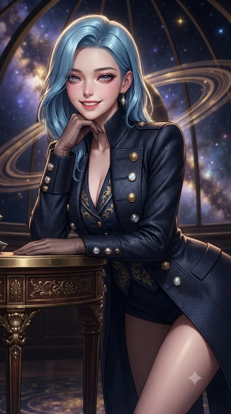 score_9, masterpiece, best quality, ultra-detailed, high-budget anime keyframe, editorial fashion photography, tasteful artistic composition, Korean woman. close-up cowboy shot from the waist and thighs up, the character dominates the composition, filling the frame with her large presence. resting one elbow on the table and supporting her chin, leaning close to the camera with heavy-lidded sparkling eyes and parted lips while twisting her slender torso in an alluring S-curve, celestial starlight and golden thread pulses highlighting her flat midriff and hips. The background shows a soft-focus spinning concentric brass planetary rings, shimmering threads of liquid gold, and swirling galactic nebulae through the open dome blurred into violet, gold, and sapphire bokeh. She has an exceptionally elegant, slender, and willowy female figure with an ultra-slim waist, flat toned midriff, narrow ribcage, and sculpted feminine hips creating an alluring, slim hourglass silhouette without bulk. sharp v-shaped jawline, high-bridge nose, intricate jewel-like sparkling eyes with depth, thick eyelashes, glossy parted lips with a natural peach sheen, bright cheerful beaming smile with an enchanting and coquettish sensual glint, exuding both youthful cute charm and seductive allure, flawlessly proportioned anatomical accuracy, strict slender model proportions, natural body alignment, perfectly sculpted long slender limbs, ultra-slim waistline, clean dynamic posture without body distortion. wearing a structured high-collar Victorian opera greatcoat in midnight navy wool with polished brass crest buttons in iridescent mother-of-pearl and liquid molten silver, tailored from high-density tech-wool with subtle metallic thread weave, complemented by sheer opera-length evening gloves tracing her slender arms, the bespoke structured tailoring following the natural line of her 8.5-heads silhouette with refined elegance. illuminated by polished brass reflection bounce and sharp starlight-gold rim lights defining her razor-sharp jawline, narrow waist, and curvy hips. ultra-reflective glossy finish, specular highlights, rich textural contrasts, high-contrast stereoscopic depth, volumetric dynamic lighting, 2k, ultra detail, master piece, 9:16 ratio