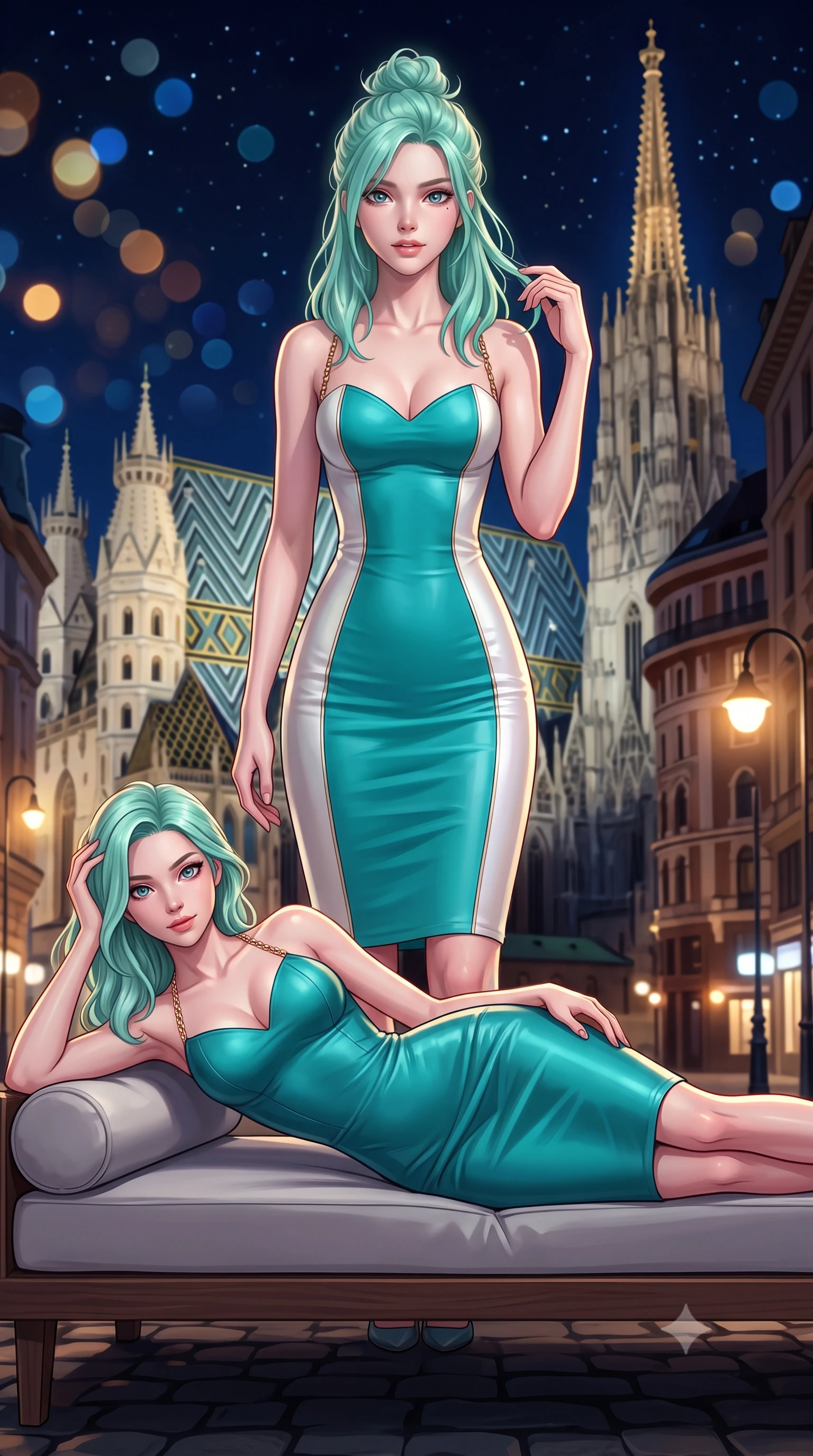 score_9, masterpiece, best quality, ultra-detailed, high-budget anime keyframe, semi-realistic 3D game render, editorial fashion photography, tasteful artistic composition, Japanese woman. close-up cowboy shot from the waist and thighs up, the character dominates the composition, filling the frame with her large presence. twisting her slender torso in an alluring contrapposto stance, one hand resting on her sculpted hip while her fingers toy with her hair with effortless poise while lounging in the modern low-profile daybed propped on one elbow with legs extended, displaying her long slender limbs and statuesque hourglass silhouette. The background shows a soft-focus diamond-patterned glazed tile roof and illuminated spire of St. Stephen's Cathedral, historic boulevard streetlights, and starry sky blurred into topaz, sapphire, and obsidian bokeh. She has an exceptionally elegant, slender, and willowy female figure with an ultra-slim waist, flat toned midriff, narrow ribcage, and sculpted feminine hips creating an alluring, slim hourglass silhouette without bulk. sharp v-shaped jawline, high-bridge nose, intricate jewel-like sparkling eyes with depth, thick eyelashes, glossy parted lips with a natural peach sheen, bright cheerful beaming smile with an enchanting and coquettish sensual glint, exuding both youthful cute charm and seductive allure, flawlessly proportioned anatomical accuracy, strict slender model proportions, natural body alignment, perfectly sculpted long slender limbs, ultra-slim waistline, clean dynamic posture without body distortion. wearing a body-contouring dense bandage knit pencil dress with sweetheart neckline in Sentosa tropical coral reef teal and pure iridescent pearl, woven from buttery-soft stretch lambskin leather adhering to her body like a second skin, accented with an open-back drape framed by falling strands of delicate gold chains, the second-skin tailored fabric adhering flawlessly to her sculpted flat midriff and slender torso, emphasizing her long leg lines and perfectly proportioned willowy build. illuminated by glass reflection bounce and sharp platinum-gold rim lights defining her dewy collarbones, ultra-slim waist, and curvy hips. highly saturated vibrant anime colors, detailed shading with soft gradients, rich glossy textures, high-contrast stereoscopic depth, volumetric dynamic lighting, master piece, 9:16 ratio