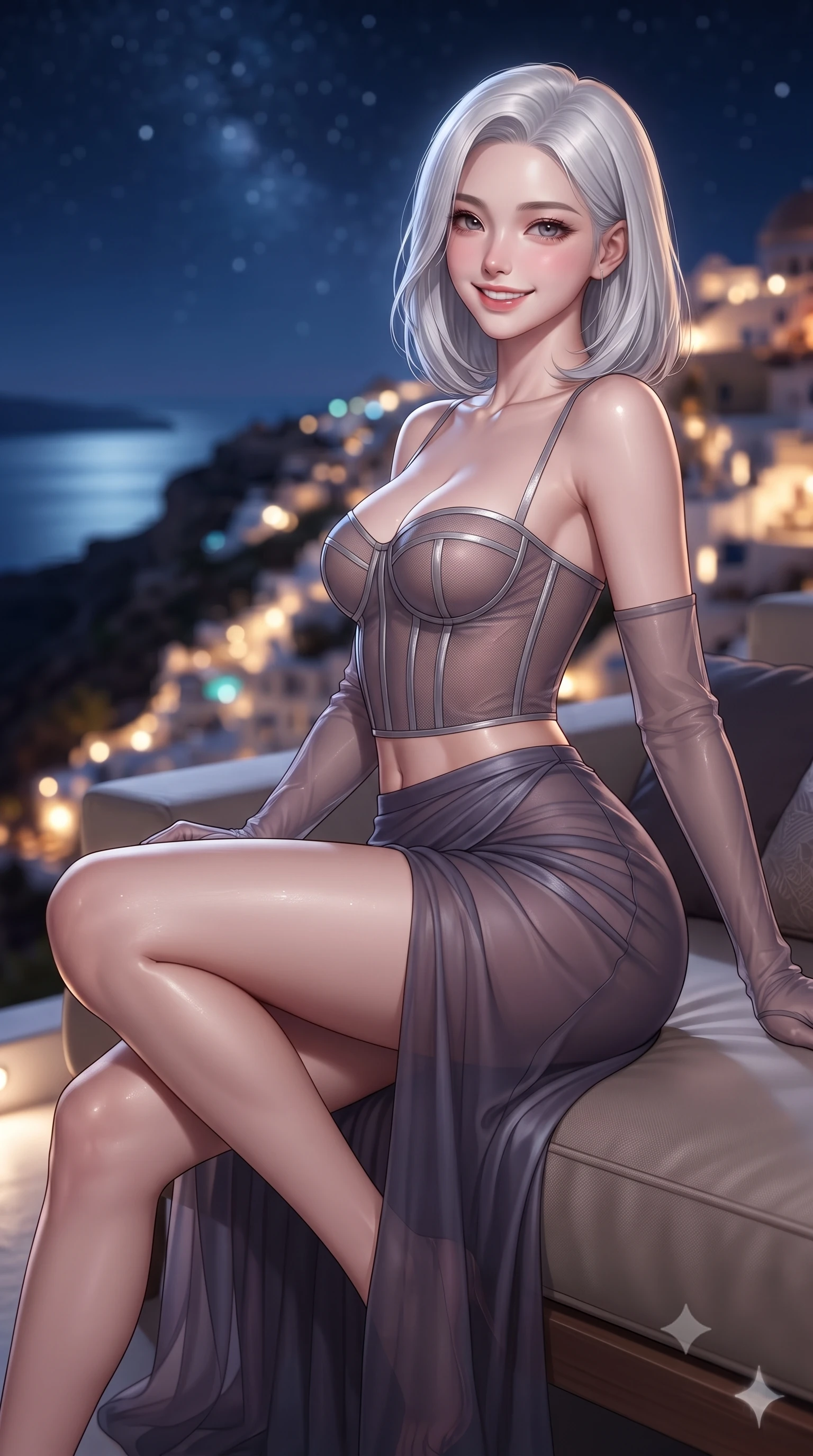 score_9, masterpiece, best quality, ultra-detailed, high-budget anime keyframe, editorial fashion photography, tasteful artistic composition, Korean woman. close-up cowboy shot from the waist and thighs up, the character dominates the composition, filling the frame with her large presence. perched sideways on the lounge seat, one knee drawn up to showcase her slender leg line while her arched back accentuates her feminine hip curve while twisting her slender torso in an alluring contrapposto stance, midnight Aegean breezes fluttering her sheer gown around her long slender legs. The background shows a soft-focus iconic whitewashed windmill sails against the starry sky, cascading village of Oia illuminated like a field of fallen stars, and moonlit caldera blurred into champagne, cyan, and obsidian bokeh. She has an exceptionally elegant, slender, and willowy female figure with an ultra-slim waist, flat toned midriff, narrow ribcage, and sculpted feminine hips creating an alluring, slim hourglass silhouette without bulk. sharp v-shaped jawline, high-bridge nose, intricate jewel-like sparkling eyes with depth, thick eyelashes, glossy parted lips with a natural peach sheen, bright cheerful beaming smile with an enchanting and coquettish sensual glint, exuding both youthful cute charm and seductive allure, flawlessly proportioned anatomical accuracy, strict slender model proportions, natural body alignment, perfectly sculpted long slender limbs, ultra-slim waistline, clean dynamic posture without body distortion. wearing a provocative translucent mesh corset bodice with boned satin channels paired with a sheer chiffon wrap maxi skirt in dusky lavender noir and liquid silver chrome, made of fluid liquid jersey with seamless sculpting hold and smooth contours, complemented by sheer opera-length evening gloves tracing her slender arms, the form-contouring silhouette accentuating her sculpted flat midriff, narrow delicate ribcage, and gracefully curvy hips with intoxicating allure. bathed in the magical warm golden 2700K ambient illumination of the village lights below mixed with Aegean moonlight. ultra-reflective glossy finish, specular highlights, rich textural contrasts, high-contrast stereoscopic depth, volumetric dynamic lighting, 2k, ultra detail, master piece, 9:16 ratio