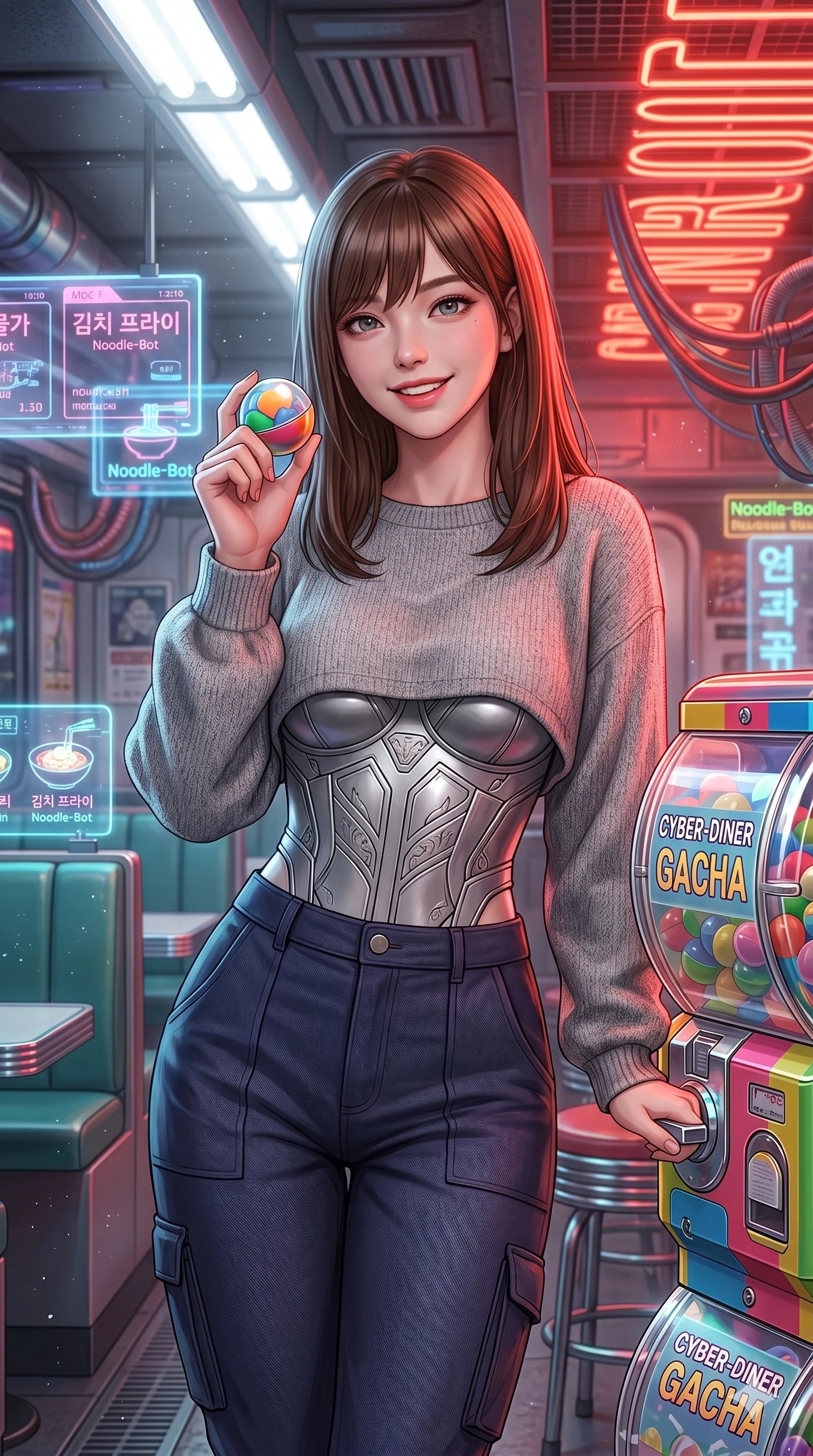 score_9, masterpiece, best quality, ultra-detailed, high-budget anime keyframe, editorial fashion photography, tasteful artistic composition, Korean woman. Upper body close-up from the thighs up, character filling the screen for maximum presence. Standing next to a retro candy dispenser in a cyber-diner, holding a colorful capsule, looking at the camera with a playful grin. She is wearing a casual cropped knit sweater, silver bodice, and dark trousers. The scene is lit by the bright white diner lights and red neon sign glow. 2k, ultra detail, master piece, 9:16 ratio