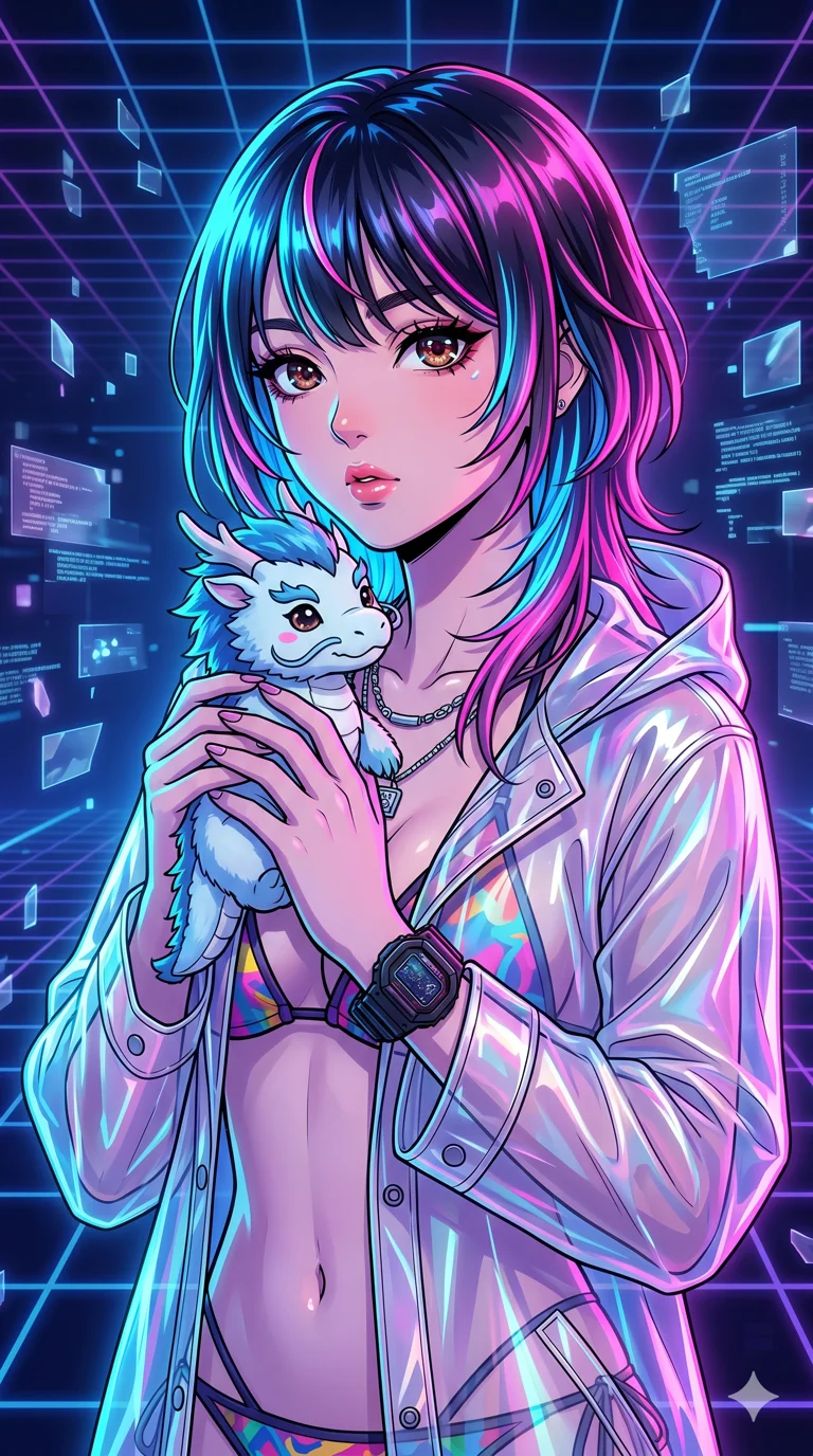 score_9, masterpiece, best quality, ultra-detailed, high-budget anime keyframe, vibrant colors and expressive line art, an incredibly beautiful Japanese woman. Medium shot of upper body focusing on her alluring and cute features and her cyber-glow hair with pitch black base and glowing neon-blue and hot-pink highlights, filling the vertical 9:16 frame. She is pouting cutely while holding a plushie of a mythical creature. She has a sharp v-shaped jawline, high-bridge nose, intricate jewel-like eyes, thick eyelashes, and glossy lips. She possesses an absolutely perfect 8-heads proportion and a slim-fit silhouette. She is wearing a translucent plastic raincoat over a colorful micro-bikini top, highlighting her alluring silhouette. a digital dimension with geometric grid lines and floating data shards, dramatic rim lighting, cinematic shadows, 2k, ultra detail, master piece, 9:16 ratio