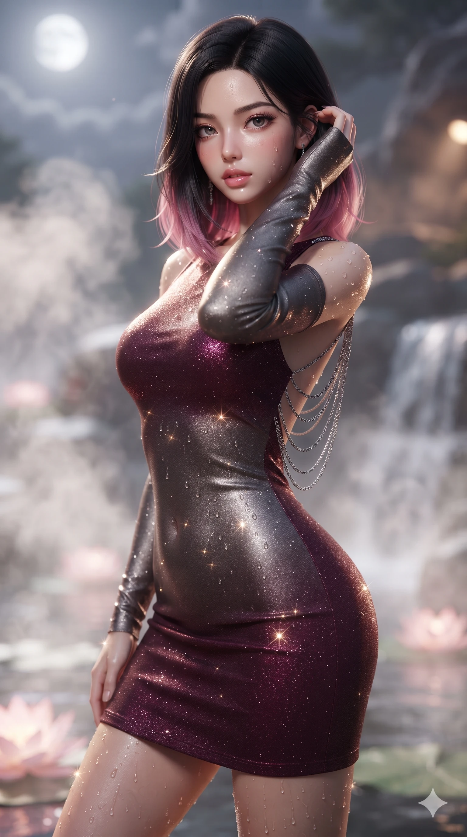 score_9, masterpiece, best quality, ultra-detailed, high-budget anime keyframe, editorial fashion photography, tasteful artistic composition, Korean woman. close-up cowboy shot from the waist and thighs up, the character dominates the composition, filling the frame with her large presence. gently brushing a lock of hair behind her ear while casting a playful, flirtatious side-gaze with long eyelashes while twisting her slender torso in an alluring contrapposto stance, warm water droplets and mineral glints sparkling across her flat midriff and hourglass curves. The background shows a soft-focus curling white thermal steam clouds, cascading mineral spring water, and glowing pink water lilies blurred into pearl white, slate, and lotus-pink bokeh. She has an exceptionally elegant, slender, and willowy female figure with an ultra-slim waist, flat toned midriff, narrow ribcage, and sculpted feminine hips creating an alluring, slim hourglass silhouette without bulk. sharp v-shaped jawline, high-bridge nose, intricate jewel-like sparkling eyes with depth, thick eyelashes, glossy parted lips with a natural sheen, intensely captivating and seductive bedroom-eyes expression, exuding both youthful cute charm and sovereign luxury allure, flawlessly proportioned anatomical accuracy, strict slender model proportions, natural body alignment, perfectly sculpted long slender limbs, ultra-slim waistline, clean dynamic posture without body distortion. wearing a glove-like stretch lambskin leather sheath dress accentuating her ultra-slim waistline without bulk in deep wine burgundy and brushed dark platinum, woven from stretch metallic lurex jersey casting radiant starlight glints across her curves, accented with an open-back drape framed by falling strands of delicate chrome chains, the form-contouring cut accentuating her sculpted flat midriff, narrow delicate ribcage, and gracefully curvy hips with intoxicating allure. bathed in the warm, moody ambient light of concealed rock-recessed spotlights combined with the soft silver glow of the moon. ultra-reflective glossy finish, specular highlights, rich textural contrasts, high-contrast stereoscopic depth, volumetric dynamic lighting, 2k, ultra detail, master piece, 9:16 ratio