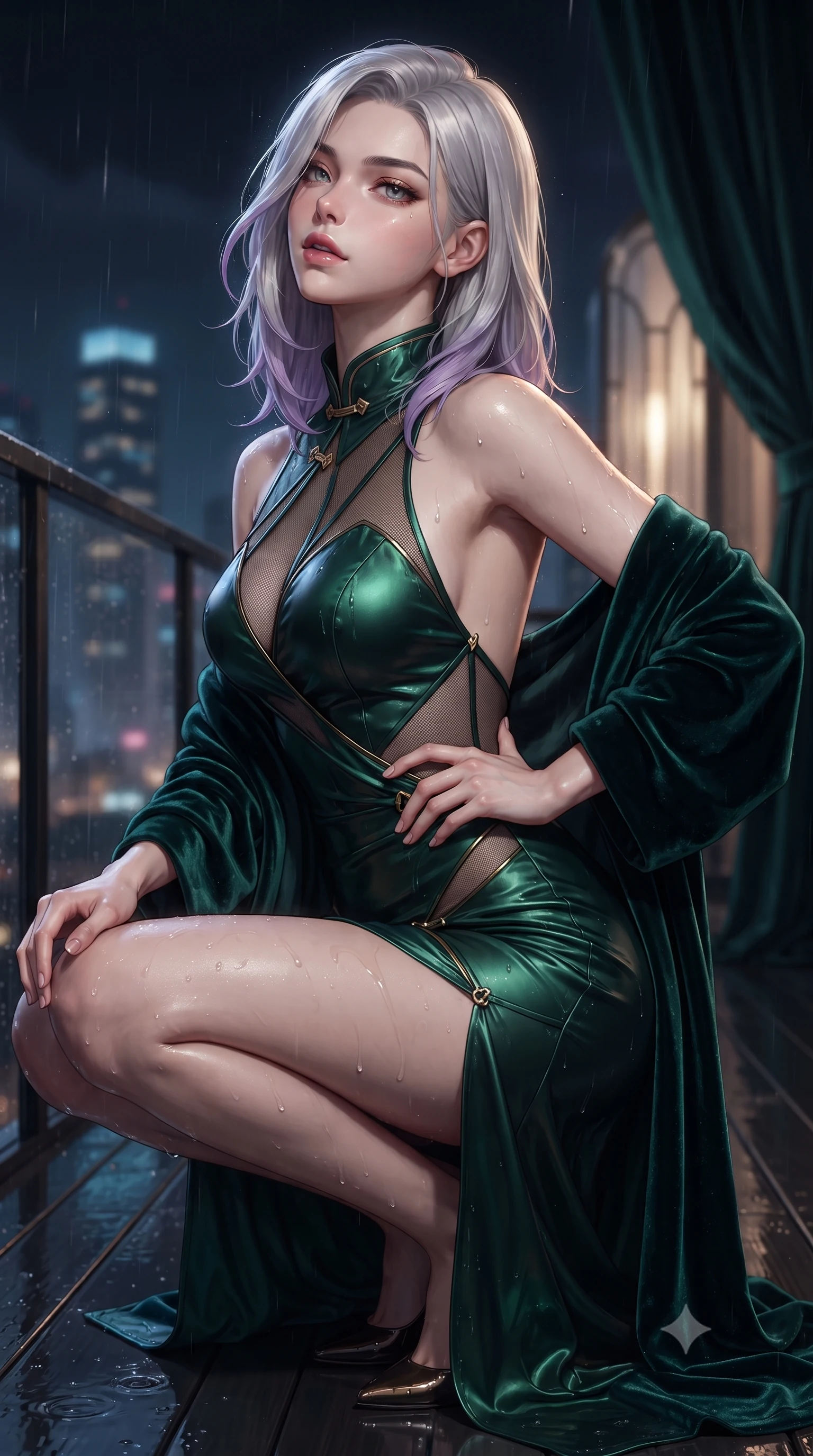 score_9, masterpiece, best quality, ultra-detailed, high-budget anime keyframe, editorial fashion photography, tasteful artistic composition, Caucasian woman. close-up cowboy shot from the waist and thighs up, the character dominates the composition, filling the frame with her large presence. tilting her chin up with proud, sovereign allure while gazing through thick eyelashes, one hand resting on her waist in pure supermodel charisma while crouching gracefully on the rain-slicked balcony deck, glancing back with smoldering bedroom-eyes as neon reflections wash over her dress. The composition keeps background elements in soft focus with creamy bokeh. curved art deco glass windows and heavy velvet drapes softened in glamorous cinematic shallow focus. She has an exceptionally elegant, slender, and willowy female figure with an ultra-slim waist, flat toned midriff, narrow ribcage, and sculpted feminine hips creating an alluring, slim hourglass silhouette without bulk. sharp v-shaped jawline, high-bridge nose, intricate jewel-like eyes with depth, thick eyelashes, glossy parted lips with a natural sheen, intensely captivating and seductive bedroom-eyes expression, flawlessly proportioned anatomical accuracy, strict slender model proportions, natural body alignment, perfectly sculpted long slender limbs, ultra-slim waistline, clean dynamic posture without body distortion. wearing a wet-look silk fusion wrap dress with asymmetrical sheer mesh cutouts and high Mandarin collar in deep emerald green satin and gold hardware, tailored from liquid silk jersey adhering flawlessly to her slender build, complemented by a plush velvet shawl draped loosely over her elbows, the liquid-tight tailored fabric clinging flawlessly to her narrow waist and rounded feminine hips, emphasizing every millimeter of her sculpted slim hourglass curves without any bulky heaviness. illuminated by wet specular bounce lights sharply sculpting her narrow waist, bare spine, and curvy hips. ultra-reflective glossy finish, specular highlights, rich textural contrasts, high-contrast stereoscopic depth, volumetric dynamic lighting, 2k, ultra detail, master piece, 9:16 ratio