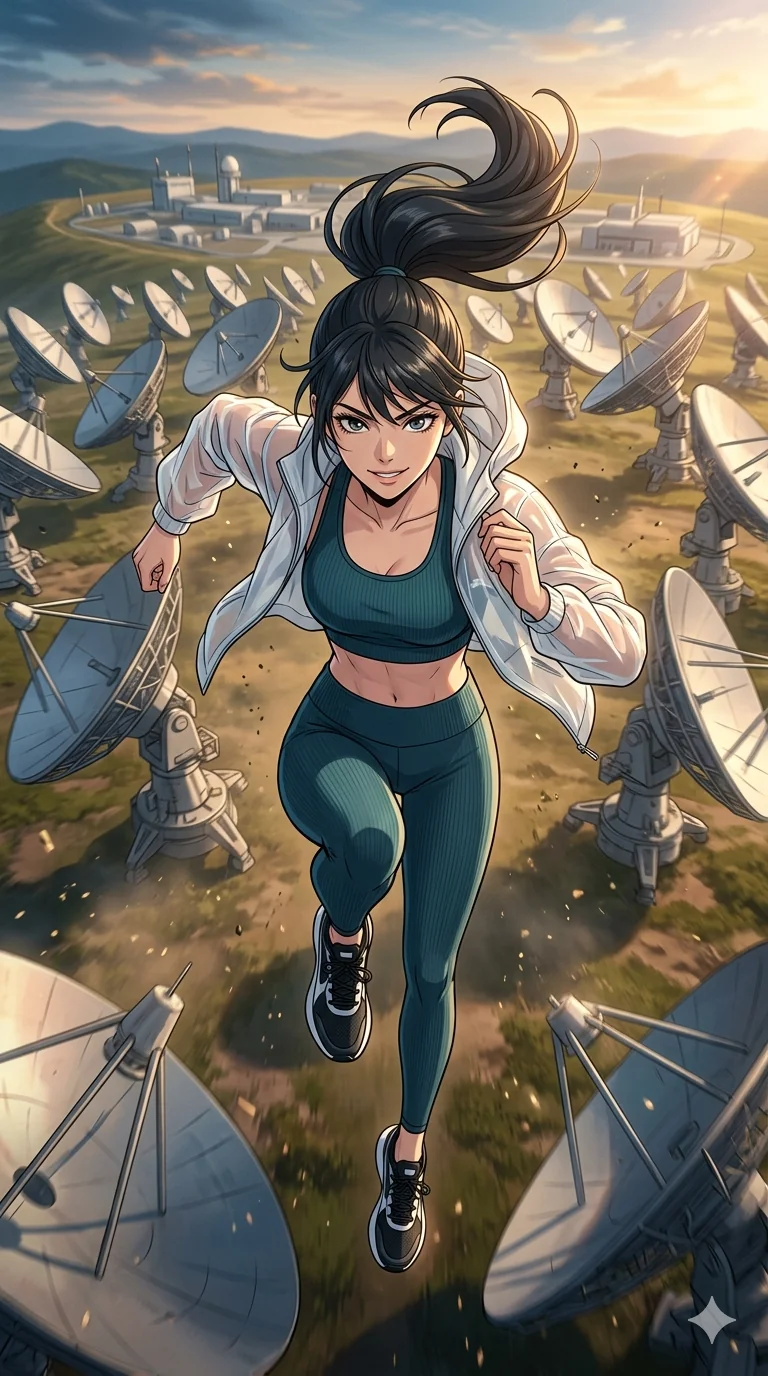 score_9, masterpiece, best quality, ultra-detailed, high-budget anime movie keyframe, cinematic anime lighting, intricate line art, Korean anime girl. Extreme high angle shot as she leaps towards the camera, filling the frame. charging through a field of satellite dishes as they pivot wildly. She has an absolutely perfect 8-heads proportion, an exceptionally tall and slender female figure with an ultra-slim waist and impossibly long slender legs. strictly human anatomy, two legs only, no extra limbs, clearly defined legs and arms, perfect anatomy, perfect hands and fingers. sharp v-shaped jawline, high-bridge nose, intricate jewel-like eyes, thick eyelashes, glossy lips. Wearing Premium Athleisure: Ribbed sports bra and leggings set, sheer windbreaker, and sleek high-performance activewear. The scene is illuminated by dramatic atmospheric lighting and vibrant color palettes. , 2k, ultra detail, master piece, 9:16 ratio