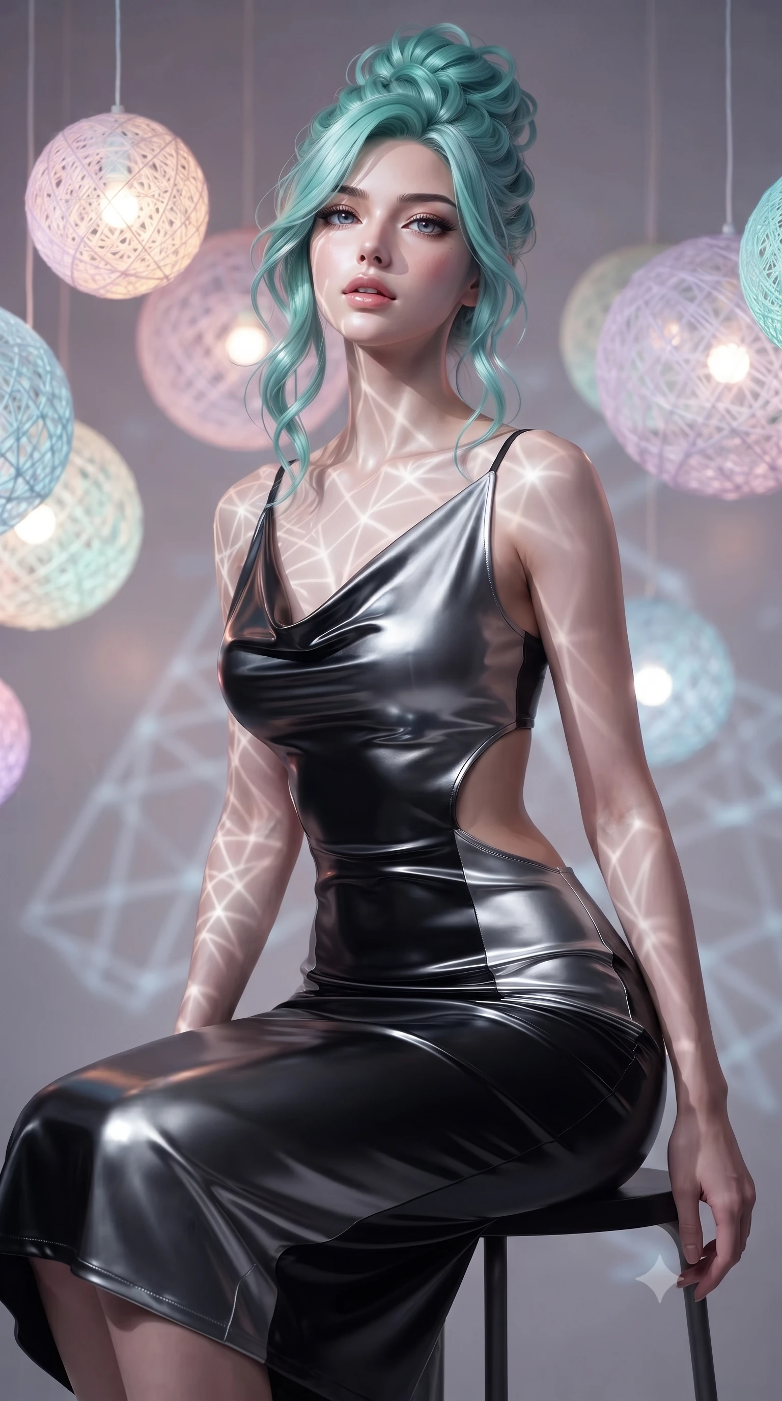 score_9, masterpiece, best quality, ultra-detailed, high-budget anime keyframe, editorial fashion photography, tasteful artistic composition, Japanese woman. close-up cowboy shot from the waist and thighs up, the character dominates the composition, filling the frame with her large presence, background elements kept in soft focus. Tilting her chin up slightly with lips parted in a magnetic, composed expression resting amidst suspended illuminated yarn spheres glowing with pastel tones, intricate geometric lattice patterns of light projected onto her skin. She has an exceptionally elegant, slender, and willowy female figure with an ultra-slim waist, a gracefully sculpted slender torso, and a refined silhouette. sharp v-shaped jawline, high-bridge nose, intricate jewel-like eyes with depth, thick eyelashes, glossy lips with a natural sheen. wearing an elegant cowl-neck satin midi dress with a draped neckline in matte black and polished silver, tailored from high-gloss patent leather, featuring clean architectural cutouts along her slender torso, the form-contouring material highlighting her ultra-slim waist and long lines. bathed in sharp geometric laser grid highlights and soft ambient fill. ultra-reflective glossy finish, specular highlights, metallic sheen, high-contrast stereoscopic depth, volumetric dynamic lighting, 2k, ultra detail, master piece, 9:16 ratio