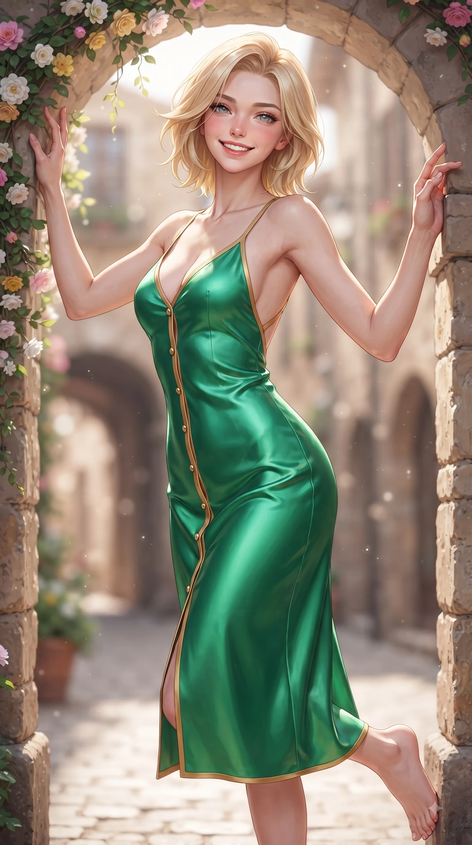 score_9, masterpiece, best quality, ultra-detailed, high-budget anime keyframe, editorial fashion photography, tasteful artistic composition, Caucasian woman. close-up cowboy shot from the waist and thighs up, the character dominates the composition, filling the frame with her large presence. Fresh enchanting smile, her eyes twinkling like jewels in the bright sunlight as one arm reaches out cheerfully while resting near a flower-draped stone archway with a radiant beaming smile. The composition keeps background elements in soft focus with dreamy bokeh. rustic European arches blurring smoothly into a charming background backdrop. She has an exceptionally elegant, slender, and willowy female figure with an ultra-slim waist, a gracefully sculpted slender torso, and a refined silhouette. sharp v-shaped jawline, high-bridge nose, intricate jewel-like eyes with depth, thick eyelashes, glossy lips with a natural sheen, flawlessly proportioned anatomical accuracy, natural body alignment, perfectly sculpted elegant limbs, clean dynamic posture without body distortion. wearing a precision-fitted liquid satin slip dress with fluid draped lines and an open back in bright emerald green and warm gold trim, tailored from fine wool crepe with clean lines, adorned with delicate gold buttons along the front, the form-contouring material highlighting her ultra-slim waist and long lines. surrounded by a romantic, timeless, and scenic European street ambiance. ultra-reflective glossy finish, specular highlights, metallic sheen, high-contrast stereoscopic depth, volumetric dynamic lighting, 2k, ultra detail, master piece, 9:16 ratio
