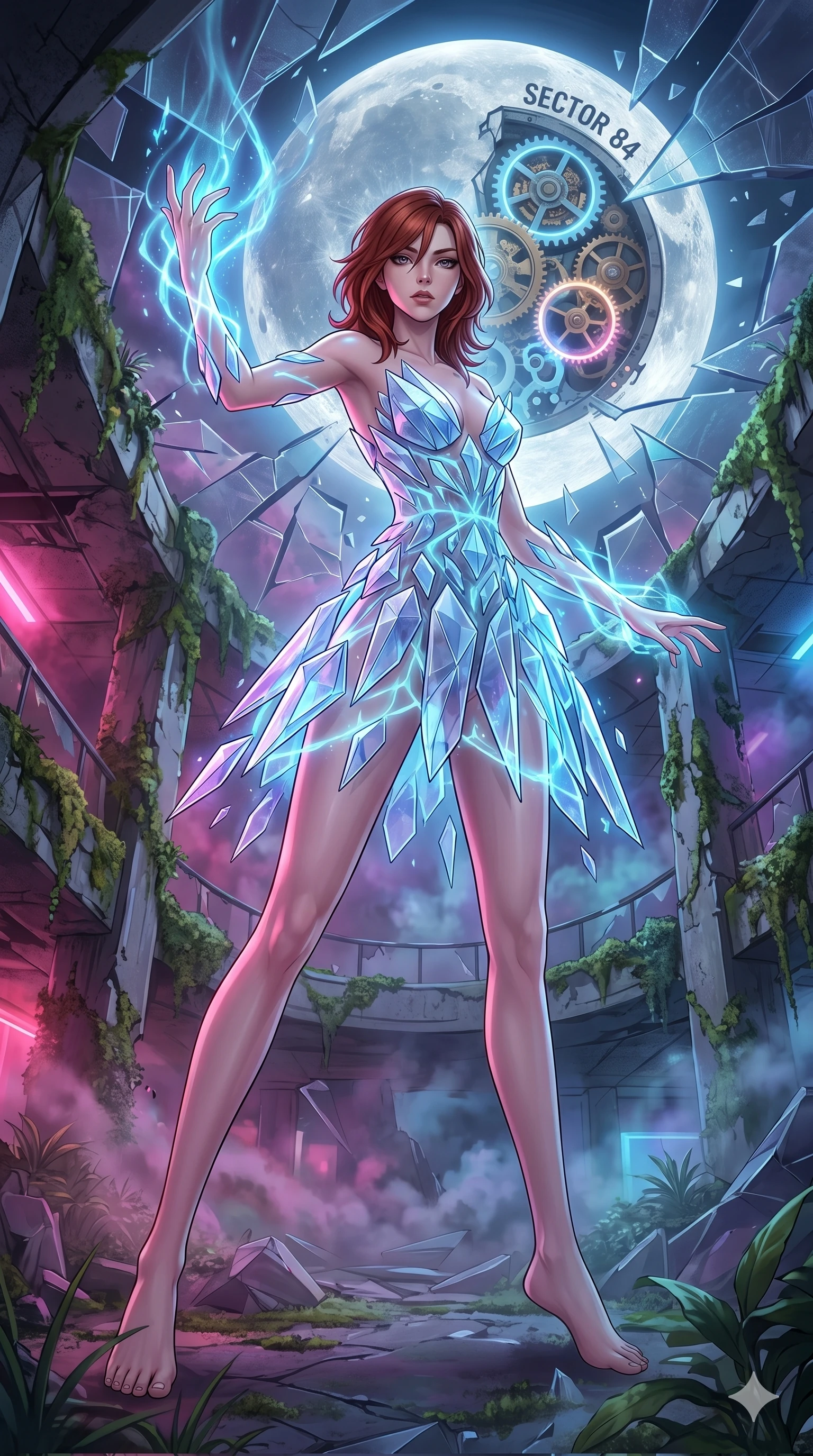 score_9, masterpiece, best quality, ultra-detailed, Set A: High-budget Anime Keyframe, Japanese woman. Low angle cowboy shot filling the entire 9:16 frame with her statuesque presence. Theme: Ethereal Dream. shattering the fabric of reality in a ruined overgrown shopping mall, with a massive clockwork moon ticking behind her as sector 84. The atmosphere is filled with heavy smog with neon flares. She has an absolutely perfect 8-heads proportion, an exceptionally tall and slender female figure with impossibly long slender legs and an ultra-slim waist. Sharp v-shaped jawline, high-bridge nose, intricate jewel-like eyes with depth, glossy lips. Wearing Abstract geometry dress made of floating crystalline shards held by energy fields. Cinematic lighting, vivid colors, dramatic shadows, 2k, ultra detail, master piece, 9:16 ratio