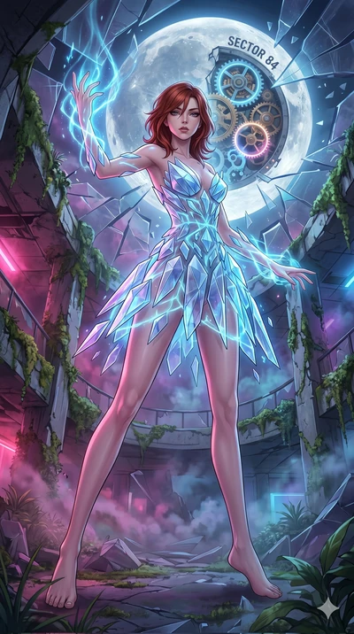 score_9, masterpiece, best quality, ultra-detailed, Set A: High-budget Anime Keyframe, Japanese woman. Low angle cowboy shot filling the entire 9:16 frame with her statuesque presence. Theme: Ethereal Dream. shattering the fabric of reality in a ruin