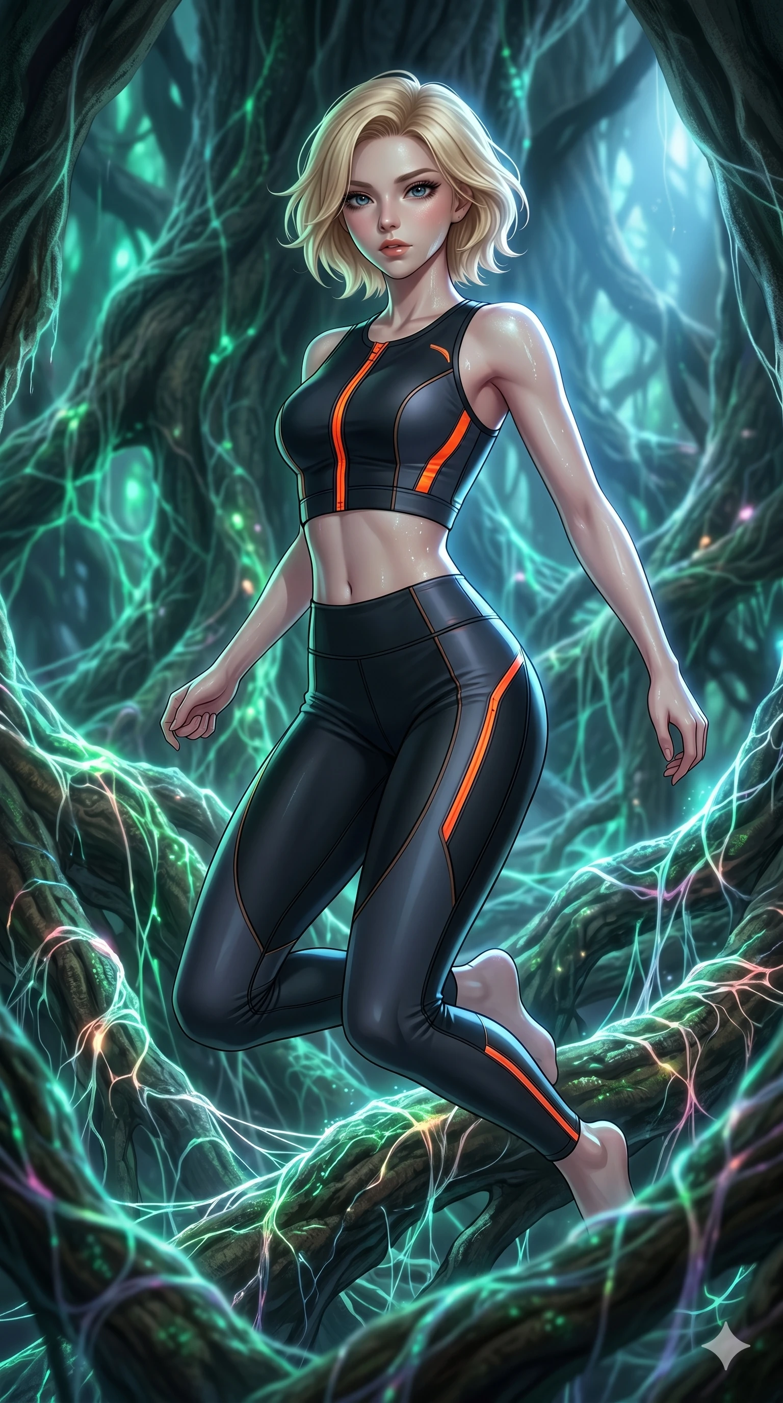 score_9, masterpiece, best quality, ultra-detailed, high-budget anime keyframe, Korean woman. upper body close-up from the thighs up, character filling the screen for maximum presence. jumping amidst giant ancient tree roots wrapped in trillions of glowing mycelium threads pulsing with emerald and opal light. She has an absolutely perfect 8-heads proportion, an exceptionally tall and slender female figure with impossibly long slender legs and an ultra-slim waist. V-shaped jawline, high-bridge nose, intricate jewel-like eyes with depth, thick eyelashes, glossy lips with a natural sheen.. wearing a second-skin neoprene cyber-athleisure set, featuring a tight crop top and leggings with fluorescent orange zipper accents and side slash panels. lit by a soft glowing ambient light and a sharp side key light that traces the sleek contours of her athletic build. 2k, ultra detail, master piece, 9:16 ratio
