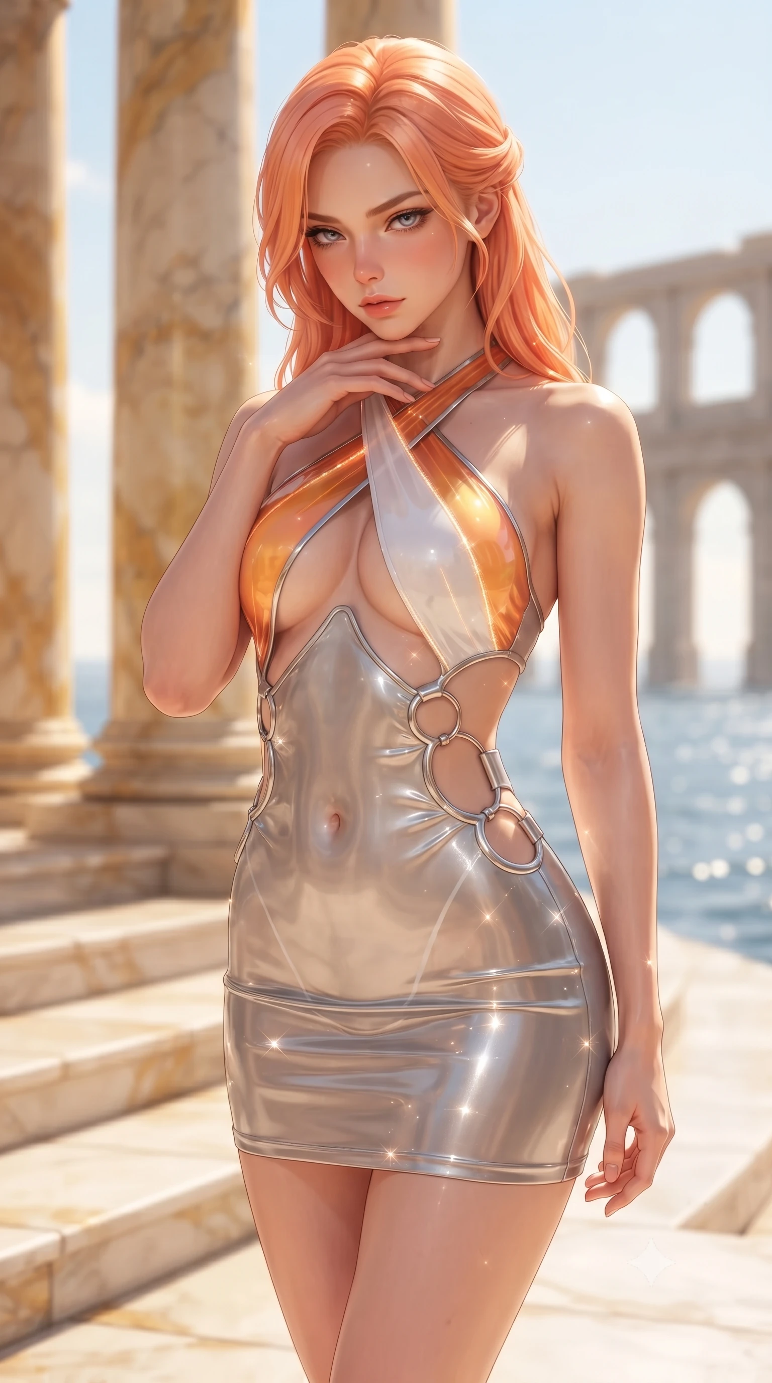score_9, masterpiece, best quality, ultra-detailed, high-budget anime keyframe, editorial fashion photography, tasteful artistic composition, Japanese woman. close-up cowboy shot from the waist and thighs up, the character dominates the composition, filling the frame with her large presence. resting her fingers lightly against her throat while looking down with a smoldering, haughty yet intensely captivating glance while pivoting dynamically on the sun-bleached marble steps of a grand colosseum overlooking glistening Mediterranean seas. The composition keeps background elements in soft focus with creamy bokeh. towering golden marble columns and distant classical arches blurred into creamy, sun-drenched amber bokeh. She has an exceptionally elegant, slender, and willowy female figure with an ultra-slim waist, a gracefully sculpted slender torso, toned flat midriff, and a refined slim silhouette. sharp v-shaped jawline, high-bridge nose, intricate jewel-like eyes with depth, thick eyelashes, glossy lips with a natural sheen, flawlessly proportioned anatomical accuracy, strict slender model proportions, natural body alignment, perfectly sculpted long slender limbs, ultra-slim waistline, clean dynamic posture without body distortion. wearing a molten silver liquid-metal mini dress featuring deep side-waist cutouts and a daring crossover halter neckline in vivid sunset amber orange and cloud white, tailored from semi-translucent cybernetic vinyl with glowing micro-filaments, detailed with polished silver rings connecting the daring side-waist cutouts, the precision-cut daring openings accentuating her delicate midriff, graceful bare collarbones, and ultra-slim feminine waistline. illuminated by clear sky fill light and sparkling specular highlights tracing her slender curves. ultra-reflective glossy finish, specular highlights, metallic sheen, high-contrast stereoscopic depth, volumetric dynamic lighting, 2k, ultra detail, master piece, 9:16 ratio