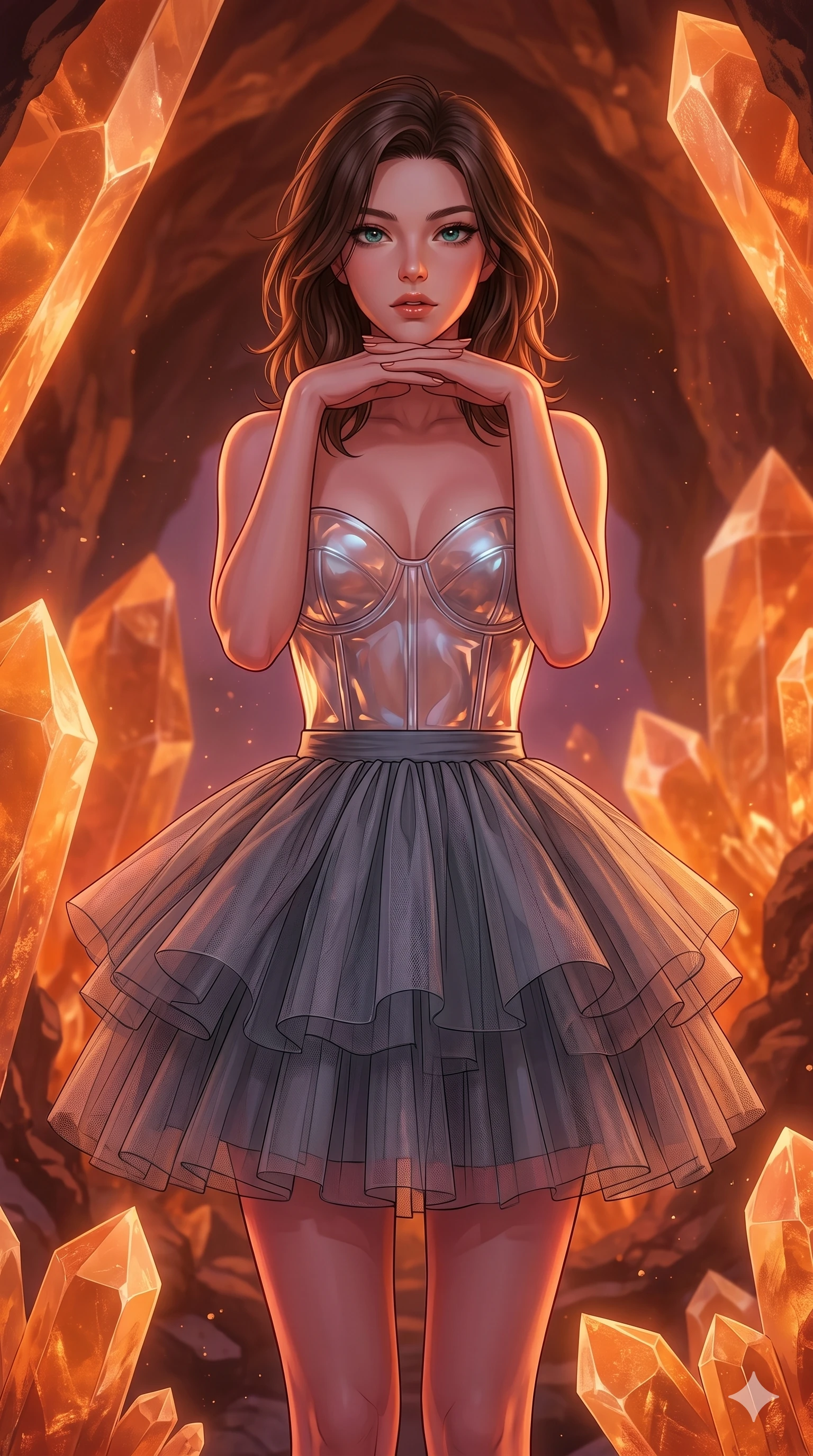 score_9, masterpiece, best quality, ultra-detailed, high-budget anime keyframe, editorial fashion photography, tasteful artistic composition, Korean woman. cowboy shot from the thighs up, character and outfit filling the frame for maximum editorial presence. Resting her chin on the backs of her fingers with a confident, self-assured gaze inside a cavern of giant orange calcite crystals casting a warm amber glow. She has an absolutely perfect 8-heads proportion, an exceptionally tall and slender female figure with impossibly long slender legs and an ultra-slim waist. V-shaped jawline, high-bridge nose, intricate jewel-like eyes with depth, thick eyelashes, glossy lips with a natural sheen. wearing a sculpted transparent polymer glass bustier paired with a multi-layered slate gray tulle mini skirt. drenched in a warm sunset glow with deep orange and magenta tones wrapping her statuesque figure. 2k, ultra detail, master piece, 9:16 ratio