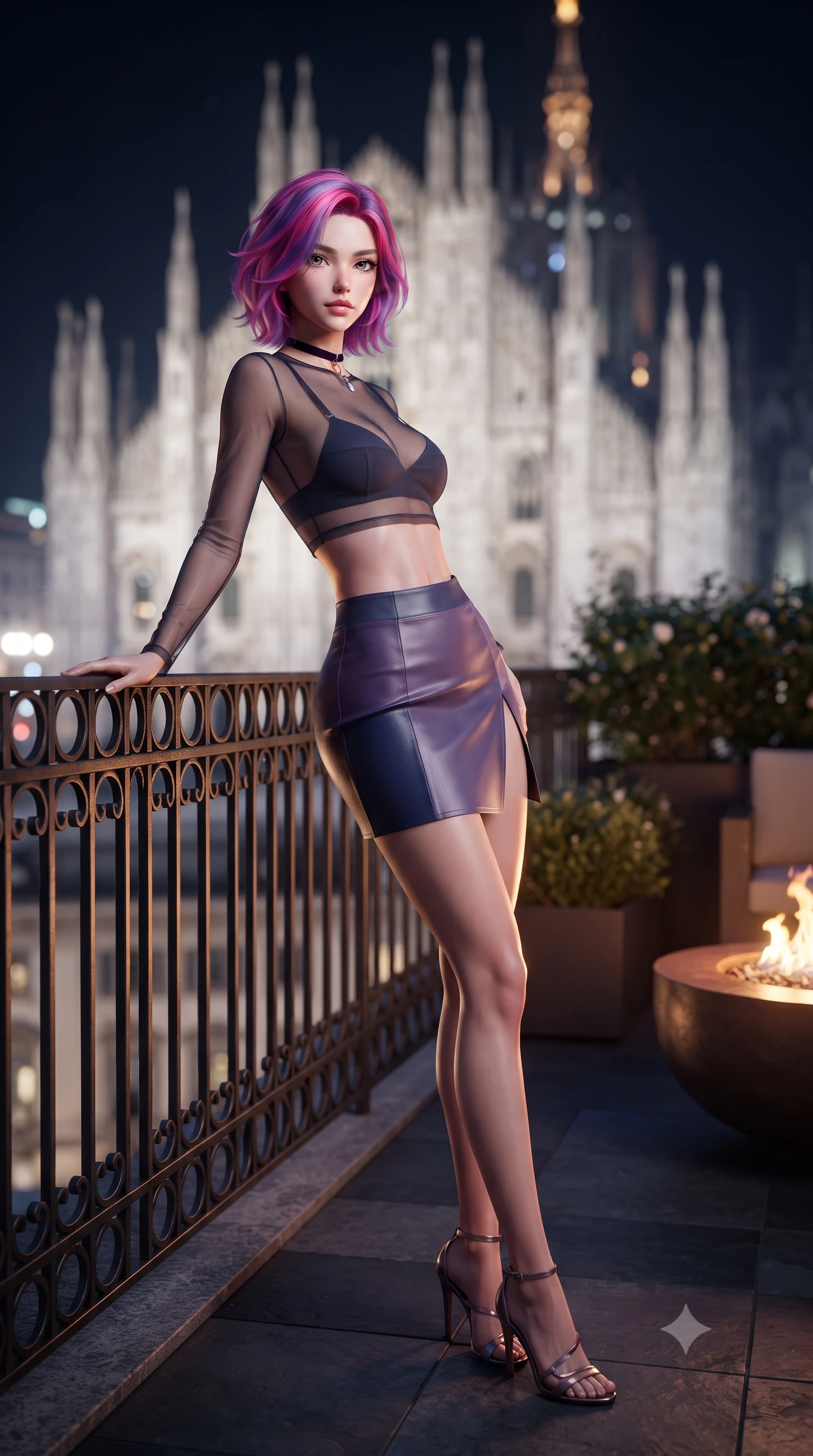 score_9, masterpiece, best quality, ultra-detailed, high-budget anime keyframe, editorial fashion photography, tasteful artistic composition, Caucasian woman. low angle full-body shot from head to toe showing her feet, filling the entire 9:16 vertical frame with her statuesque presence, stretching her vertical silhouette. leaning deep against the balcony balustrade with hips cocked back in an unapologetically alluring high-fashion stance, casting an intoxicating glance while standing tall on the dark slate terrace with hips cocked back, arching her spine with supreme Italian fashion capital glamour. The background shows a soft-focus the illuminated white marble Gothic spires of the Milan Duomo, rooftop garden planters, and city lights blurred into pearl, amber, and indigo bokeh. She has an absolutely perfect, statuesque 8.5-heads proportion, an exceptionally tall and slender model-like female figure with impossibly long slender legs, an ultra-slim waist, a flat toned midriff, narrow delicate ribcage, and beautifully sculpted feminine hips creating a graceful, slim hourglass silhouette without any bulky heaviness. sharp v-shaped jawline, high-bridge nose, sparkling eyes with hypnotic seductive depth, thick curled eyelashes, glossy parted lips with a natural dewy peach sheen, alluring bedroom-eyes with an enchanting coquettish smile, exuding magnetic siren charisma and sophisticated glamour, flawlessly proportioned anatomical accuracy, strict slender model proportions, natural body alignment, perfectly sculpted long slender limbs, ultra-slim waistline, clean dynamic posture without body distortion. wearing a sheer mesh long-sleeve crop top over an opaque strappy micro-bralette and a sleek leatherette mini skirt in twilight lavender and midnight indigo, tailored from fine structural neoprene with crisp architectural edges and smooth contouring, finished with a thin velvet ribbon choker and a single teardrop diamond pendant, the high-slit wrap tailoring accentuating her ultra-slim waistline and the enchanting curve of her feminine hips with alluring seductive charm. bathed in the warm dancing glow of the bronze fire table paired with cool starlight and Duomo floodlights. ultra-reflective glossy finish, specular highlights, rich textural contrasts, high-contrast stereoscopic depth, volumetric dynamic lighting, 2k, ultra detail, master piece, 9:16 ratio