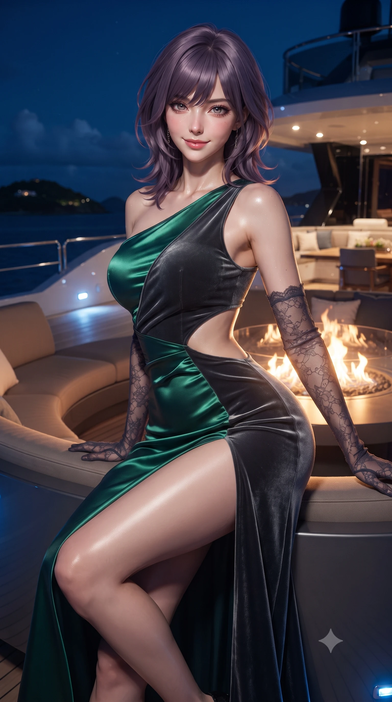 score_9, masterpiece, best quality, ultra-detailed, high-budget anime keyframe, editorial fashion photography, tasteful artistic composition, Japanese woman. close-up cowboy shot from the waist and thighs up, the character dominates the composition, filling the frame with her large presence. perched sideways on the lounge seat, one knee drawn up to showcase her slender leg line while her arched back accentuates her feminine hip curve while twisting her slender torso in an alluring S-curve, dancing gas flames and Caribbean night breezes molding her dress to her curves. The surrounding environment is rendered in vivid detail and crisp panoramic clarity: detailed backless halterneck column dress drape, glistening skin sheen, and contemporary superyacht styling in high resolution. She has an exceptionally elegant, slender, and willowy female figure with an ultra-slim waist, flat toned midriff, narrow ribcage, and sculpted feminine hips creating an alluring, slim hourglass silhouette without bulk. sharp v-shaped jawline, high-bridge nose, sparkling eyes with hypnotic seductive depth, thick curled eyelashes, glossy parted lips with a natural dewy peach sheen, alluring bedroom-eyes with an enchanting coquettish smile, exuding magnetic siren charisma and sophisticated glamour, flawlessly proportioned anatomical accuracy, strict slender model proportions, natural body alignment, perfectly sculpted long slender limbs, ultra-slim waistline, clean dynamic posture without body distortion. wearing an asymmetric one-shoulder liquid jersey gown with dramatic hip-high slit and sculptural waist cutout in iridescent emerald satin and dark charcoal velvet, woven from buttery-soft stretch lambskin leather adhering to her body like a second skin, complemented by sheer opera-length lace evening gloves tracing her slender arms, the liquid-tight tailored fabric clinging flawlessly to her narrow waist and rounded feminine hips, emphasizing every millimeter of her sculpted slim hourglass curves without any bulky heaviness. bathed in the warm dancing glow of the central fire table combined with subtle blue deck courtesy lights. ultra-reflective glossy finish, specular highlights, rich textural contrasts, high-contrast stereoscopic depth, volumetric dynamic lighting, 2k, ultra detail, master piece, 9:16 ratio