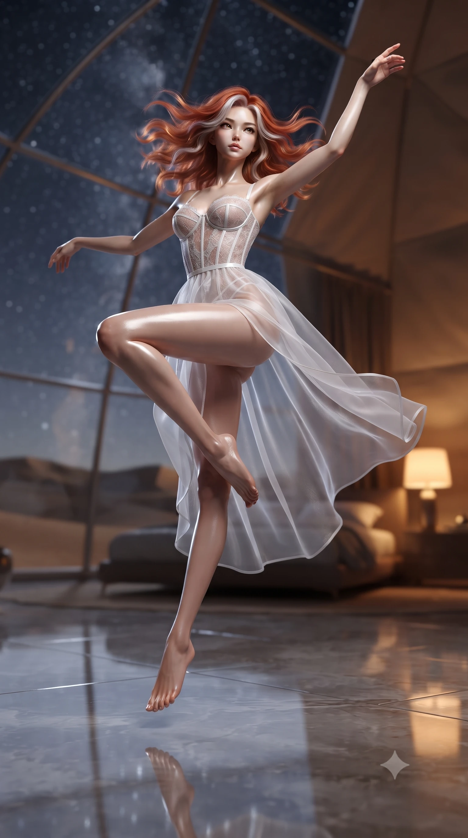 score_9, masterpiece, best quality, ultra-detailed, high-budget anime keyframe, editorial fashion photography, tasteful artistic composition, Caucasian woman woman. low angle full-body shot from head to toe showing her feet, filling the entire 9:16 vertical frame with her statuesque presence, stretching her vertical silhouette. She has an absolutely perfect, statuesque 8.5-heads proportion, an exceptionally tall and slender model-like female figure with impossibly long slender legs and an ultra-slim waist. mid-air spin above the reflective floor, maintaining an athletic and perfectly balanced poise, flawlessly proportioned anatomical accuracy, natural body alignment, perfectly sculpted elegant limbs, clean dynamic posture without body distortion. set against a soft-focus background of a luxury eco-dome suite in a golden sand desert under stars. wearing a translucent white organdy veil dress with an architectural structured corset and lace panels. bathed in cool silver starlight contrasting with warm interior amber reading lamps. ultra-reflective glossy finish, specular highlights, metallic sheen, high-contrast stereoscopic depth, volumetric dynamic lighting, 2k, ultra detail, master piece, 9:16 ratio