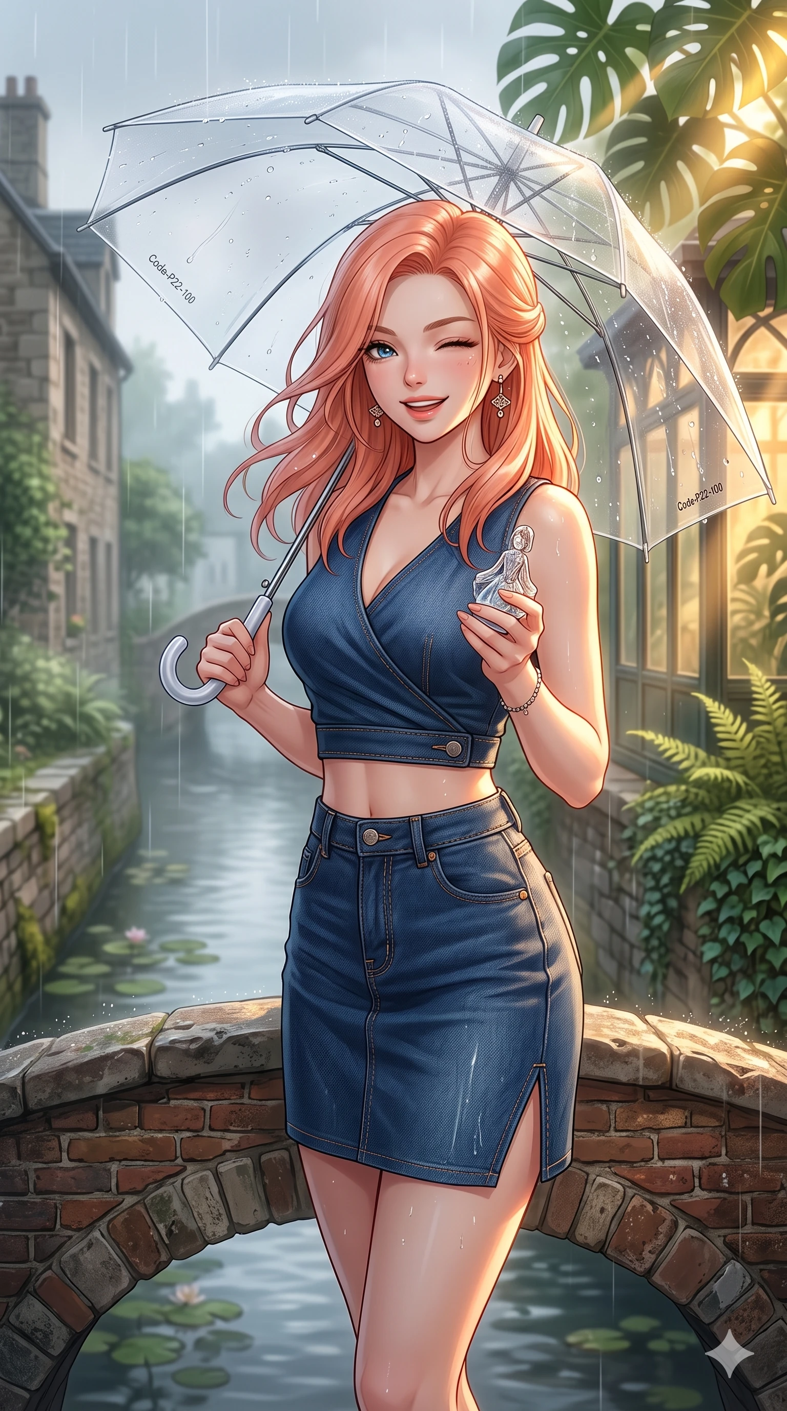 score_9, masterpiece, best quality, ultra-detailed, high-budget anime keyframe, vibrant anime aesthetic, Japanese woman. close-up cowboy shot from the waist and thighs up, the character dominates the composition, filling the frame with her large presence, background elements kept in soft focus. She is sitting on a vintage bench, winking with a playful and bright expression, her eyes shining with genuine joy standing amidst vibrant green ferns. standing on a vintage brick arch bridge over a quiet canal, under a clear umbrella during a soft drizzle (Code-P22-100). She has an absolutely perfect proportion, an exceptionally elegant and slender female figure with an ultra-slim waist. V-shaped jawline, high-bridge nose, intricate jewel-like eyes with depth, thick eyelashes, glossy lips with a natural sheen. wearing a cropped wrap top and a matching denim skirt with a refined side vent in midnight blue. She is drenched in warm, golden afternoon sunbeams filtering through dense green monstera leaves, creating a cinematic, high-budget anime lighting effect inside the glass pavilion. 2k, ultra detail, master piece, 9:16 ratio