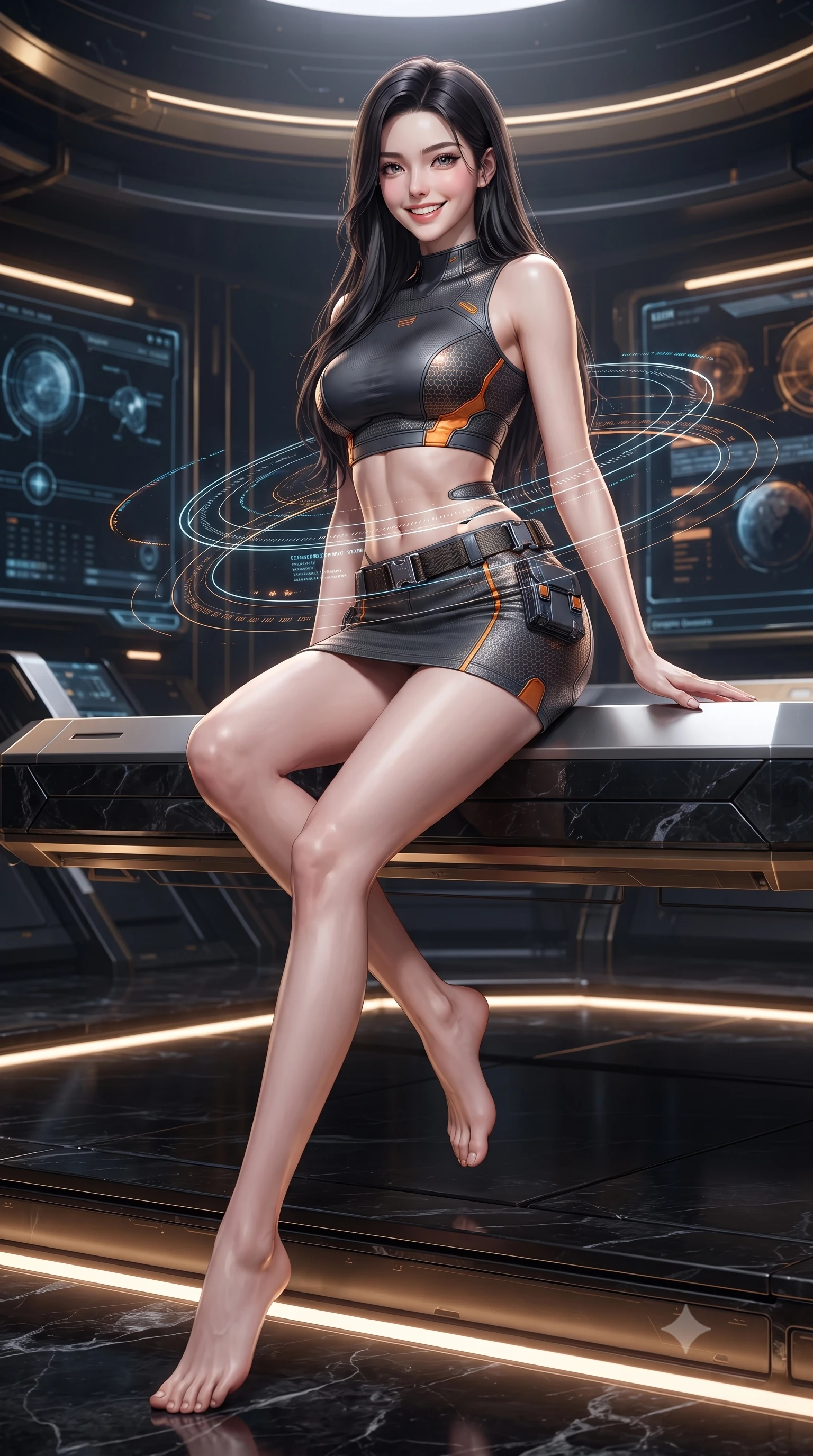 score_9, masterpiece, best quality, ultra-detailed, high-budget anime keyframe, editorial fashion photography, tasteful artistic composition, Korean woman. low angle full-body shot from head to toe showing her feet, filling the entire 9:16 vertical frame with her statuesque presence, stretching her vertical silhouette. sitting perched on the elevated maintenance gantry edge with legs crossed and hips angled toward the camera, displaying her toned midriff and long slender limbs with joyful, coquettish charm while twisting her slender torso in an alluring contrapposto stance, complex planetary data streams wrapping around her narrow waist and hips. The surrounding environment is rendered in vivid detail and crisp panoramic clarity: sharp holographic latitude grid lines, polished black obsidian marble podium textures, and brass seal inlays in deep focus. She has an absolutely perfect, statuesque 8.5-heads proportion, an exceptionally tall and slender model-like female figure with impossibly long slender legs, an ultra-slim waist, a flat toned midriff, narrow delicate ribcage, and beautifully sculpted feminine hips creating a graceful, slim hourglass silhouette without any bulky heaviness. sharp v-shaped jawline, high-bridge nose, intricate jewel-like sparkling eyes with depth, thick eyelashes, glossy parted lips with a natural sheen, bright confident smile with an enchanting and coquettish sensual glint, exuding both youthful magnetic charm and sovereign high-tech allure, flawlessly proportioned anatomical accuracy, strict slender model proportions, natural body alignment, perfectly sculpted long slender limbs, ultra-slim waistline, clean dynamic posture without body distortion. wearing a body-hugging modern carbon-alloy crop top paired with a low-rise tactical skirt and a subtle waist cut-out in stealth charcoal slate and molten laser orange, woven from delicate semi-opaque high-tensile nano-mesh with intricate hexagonal micro-patterns, finished with polished chrome buckle hardware and modular magnetic holster clasps, the form-contouring cut accentuating her sculpted flat midriff, narrow delicate ribcage, and gracefully curvy hips with cybernetic supermodel precision. illuminated by under-floor uplighting and sharp champagne rim lighting sculpting her razor-sharp jawline, narrow waist, and curvy hips. ultra-reflective glossy finish, specular highlights, rich textural contrasts, high-contrast stereoscopic depth, volumetric dynamic lighting, 2k, ultra detail, master piece, 9:16 ratio