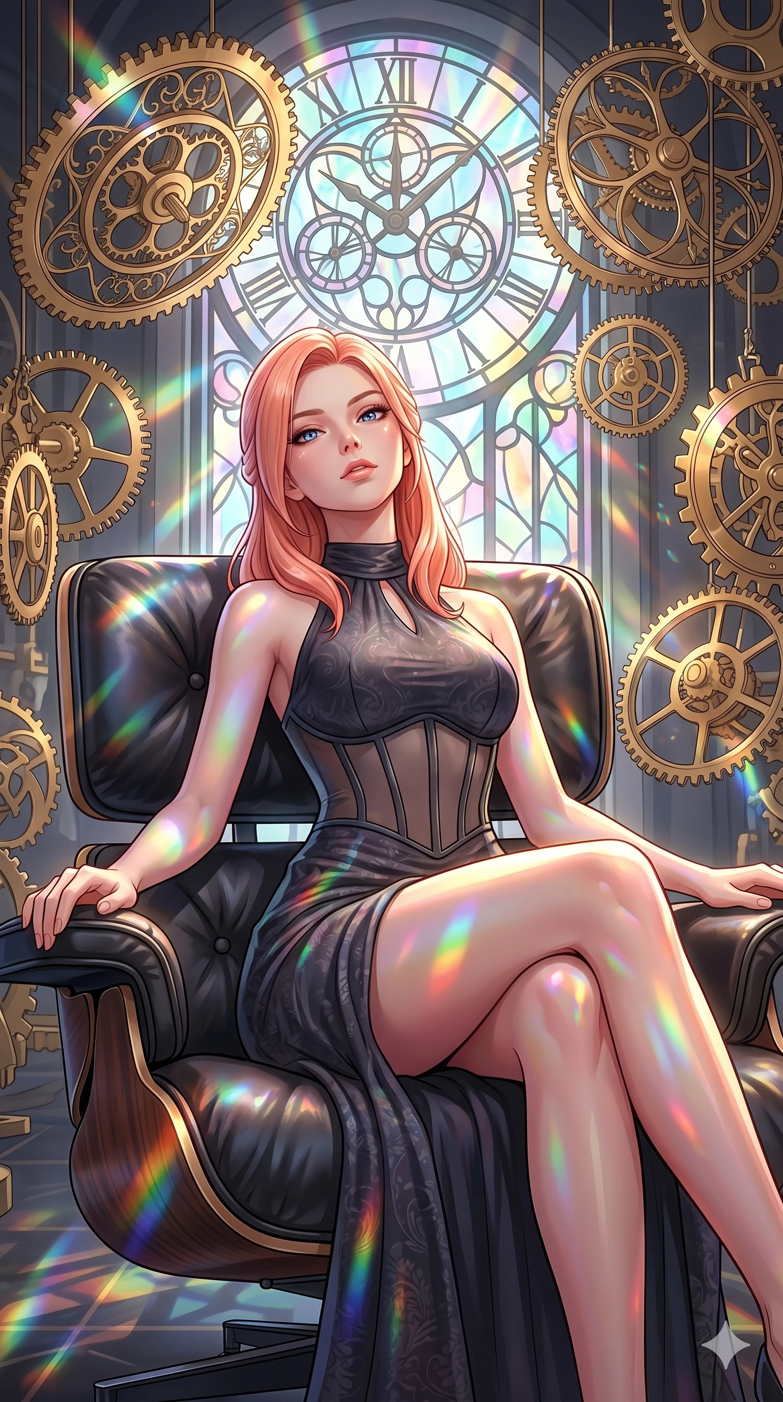 score_9, masterpiece, best quality, ultra-detailed, high-budget anime keyframe, editorial fashion photography, tasteful artistic composition, Japanese woman. cowboy shot from the thighs up, character and outfit filling the frame for maximum editorial presence. leaning back on a leather lounge chair, tilting her chin up inside a temporal rift room with suspended golden clockwork gears (Code-P18-104). She has an absolutely perfect 8-heads proportion, an exceptionally tall and slender female figure with impossibly long slender legs and an ultra-slim waist. V-shaped jawline, high-bridge nose, intricate jewel-like eyes with depth, thick eyelashes, glossy lips with a natural sheen. wearing a elegant slit gown with a elegant neck and sculpted midriff. prismatic rainbow light refracting through the stained-glass window, coloring her skin. 2k, ultra detail, master piece, 9:16 ratio