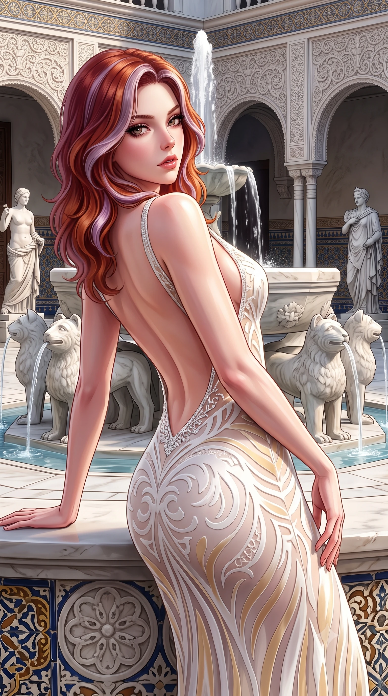 score_9, masterpiece, best quality, ultra-detailed, high-budget anime keyframe, semi-realistic 3D game render, editorial fashion photography, tasteful artistic composition, Caucasian woman. close-up cowboy shot from the waist and thighs up, the character dominates the composition, filling the frame with her large presence. leaning back with relaxed seductive grace, her sculpted collarbones and narrow waist highlighted as she casts smoldering bedroom-eyes directly into the camera while standing beside the central carved marble fountain surrounded by Roman classical statues, arching her lower back in graceful Andalusian dancer poise. The surrounding environment is rendered in vivid detail and crisp panoramic clarity. sharp metallic glaze on Renaissance tilework, intricate plaster arabesques, and marble fountain rim in deep focus. She has an exceptionally elegant, slender, and willowy female figure with an ultra-slim waist, flat toned midriff, narrow ribcage, and sculpted feminine hips creating an alluring, slim hourglass silhouette without bulk. sharp v-shaped jawline, high-bridge nose, intricate jewel-like eyes with depth, thick eyelashes, glossy parted lips with a natural sheen, intensely captivating and seductive bedroom-eyes expression, flawlessly proportioned anatomical accuracy, strict slender model proportions, natural body alignment, perfectly sculpted long slender limbs, ultra-slim waistline, clean dynamic posture without body distortion. wearing a liquid-silk jersey evening gown with an ultra-deep plunging open back descending to the base of her spine and a sculpted hip-hugging skirt in pure alabaster white and sun-kissed gold, made of sheer contouring power-mesh with velvet flocking patterns, finished with delicate crystal frost embroidery tracing the plunging neckline, the form-contouring material adhering flawlessly to her sculpted flat midriff and slender torso, emphasizing her long leg lines and perfectly proportioned willowy build. illuminated by soft specular fountain reflections sharply defining her sculpted collarbones, ultra-slim waist, and curvy hips. highly saturated vibrant anime colors, detailed shading with soft gradients, rich glossy textures, high-contrast stereoscopic depth, volumetric dynamic lighting, master piece, 9:16 ratio