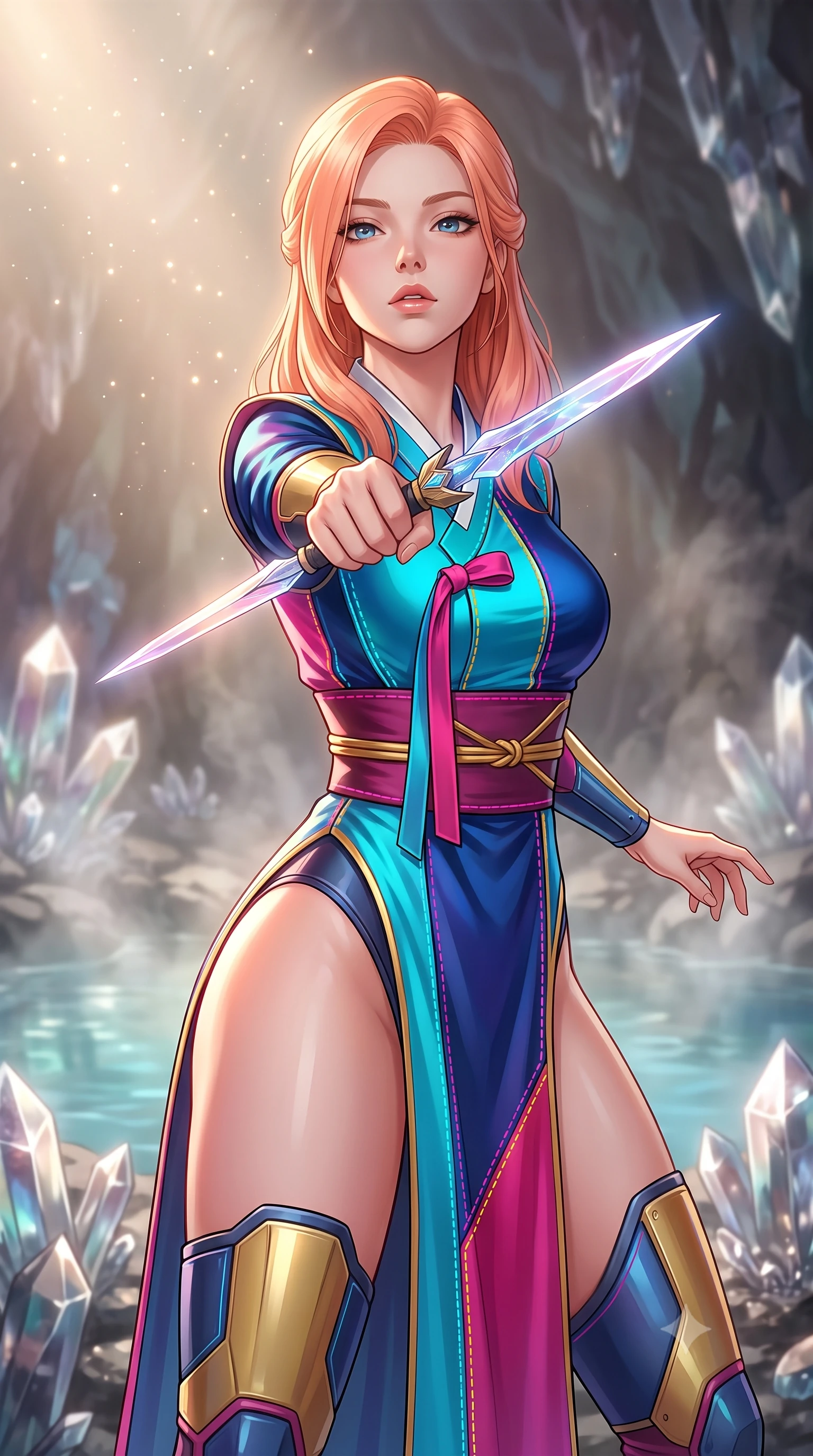 score_9, masterpiece, best quality, ultra-detailed, high-budget anime keyframe, editorial fashion photography, tasteful artistic composition, Japanese woman. close-up cowboy shot from the waist and thighs up, the character dominates the composition, filling the frame with her large presence, background elements kept in soft focus. pointing a crystal-edged laser dagger forward in a defensive stance, tilting her chin up slightly with lips parted in a composed pose, the background shows a soft-focus a cave hot spring inside a crystal cavern, with mineral steam rising. She has an exceptionally elegant, slender, and willowy female figure with an ultra-slim waist, a gracefully sculpted slender torso, and a refined silhouette. sharp v-shaped jawline, high-bridge nose, intricate jewel-like eyes with depth, thick eyelashes, glossy lips with a natural sheen. wearing a body-hugging modern fusion cyber-hanbok robes featuring neon-stitch silk panels and reinforced composite shin guards. soft morning mist diffusing the warm starlight, creating a tranquil atmosphere. highly saturated vibrant anime colors, detailed shading with soft gradients, rich glossy textures, high-contrast stereoscopic depth, volumetric dynamic lighting, master piece, 9:16 ratio