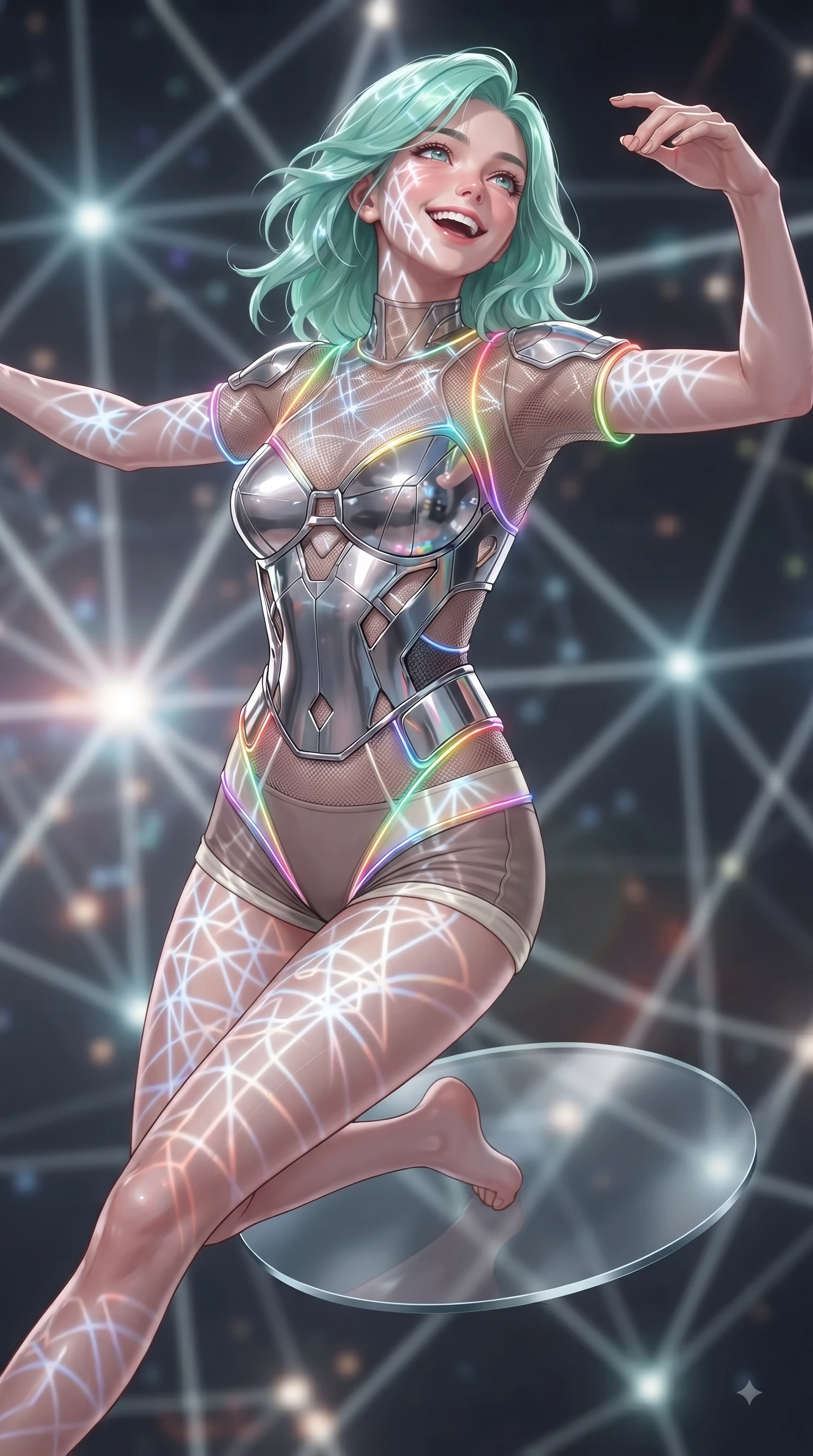 score_9, masterpiece, best quality, ultra-detailed, high-budget anime keyframe, editorial fashion photography, tasteful artistic composition, Japanese woman. close-up cowboy shot from the waist and thighs up, the character dominates the composition, filling the frame with her large presence, background elements kept in soft focus. Tilting her chin up with a beaming smile of pure delight while balancing dynamically amidst the scene while leaping across a floating glass disk inside a geometric light matrix with a beaming face, intricate geometric lattice patterns of bright light projected onto her skin. She has an exceptionally elegant, slender, and willowy female figure with an ultra-slim waist, a gracefully sculpted slender torso, and a refined silhouette. sharp v-shaped jawline, high-bridge nose, intricate jewel-like eyes with depth, thick eyelashes, glossy lips with a natural sheen, flawlessly proportioned anatomical accuracy, natural body alignment, perfectly sculpted elegant limbs, clean dynamic posture without body distortion. wearing a chrome-plated structured bodice worn over a sheer mesh top and micro-shorts in muted taupe and soft ivory, made of fine carbon-fiber weave and soft matte leather, featuring subtle geometric cutouts that highlight her ultra-slim midriff, the elegant draped fit framing her graceful clavicle and slender torso. illuminated by the brilliant glow of rainbow luminescent plasma threads. ultra-reflective glossy finish, specular highlights, metallic sheen, high-contrast stereoscopic depth, volumetric dynamic lighting, 2k, ultra detail, master piece, 9:16 ratio