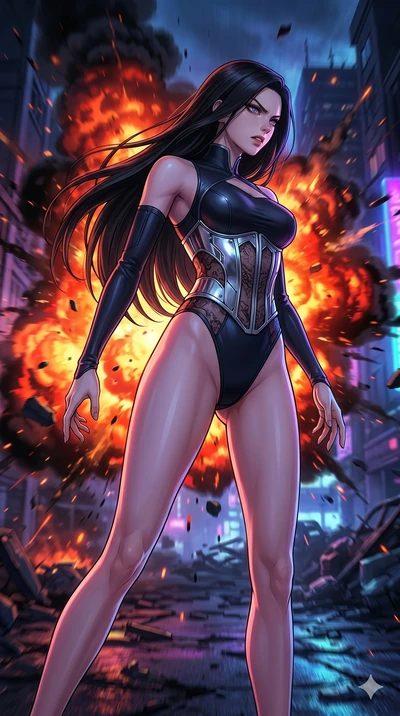 score_9, masterpiece, best quality, ultra-detailed, high-budget anime movie keyframe, cinematic anime lighting, intricate line art, Japanese woman. Low angle cowboy shot capturing a powerful motion and statuesque presence. reeling back from an explos