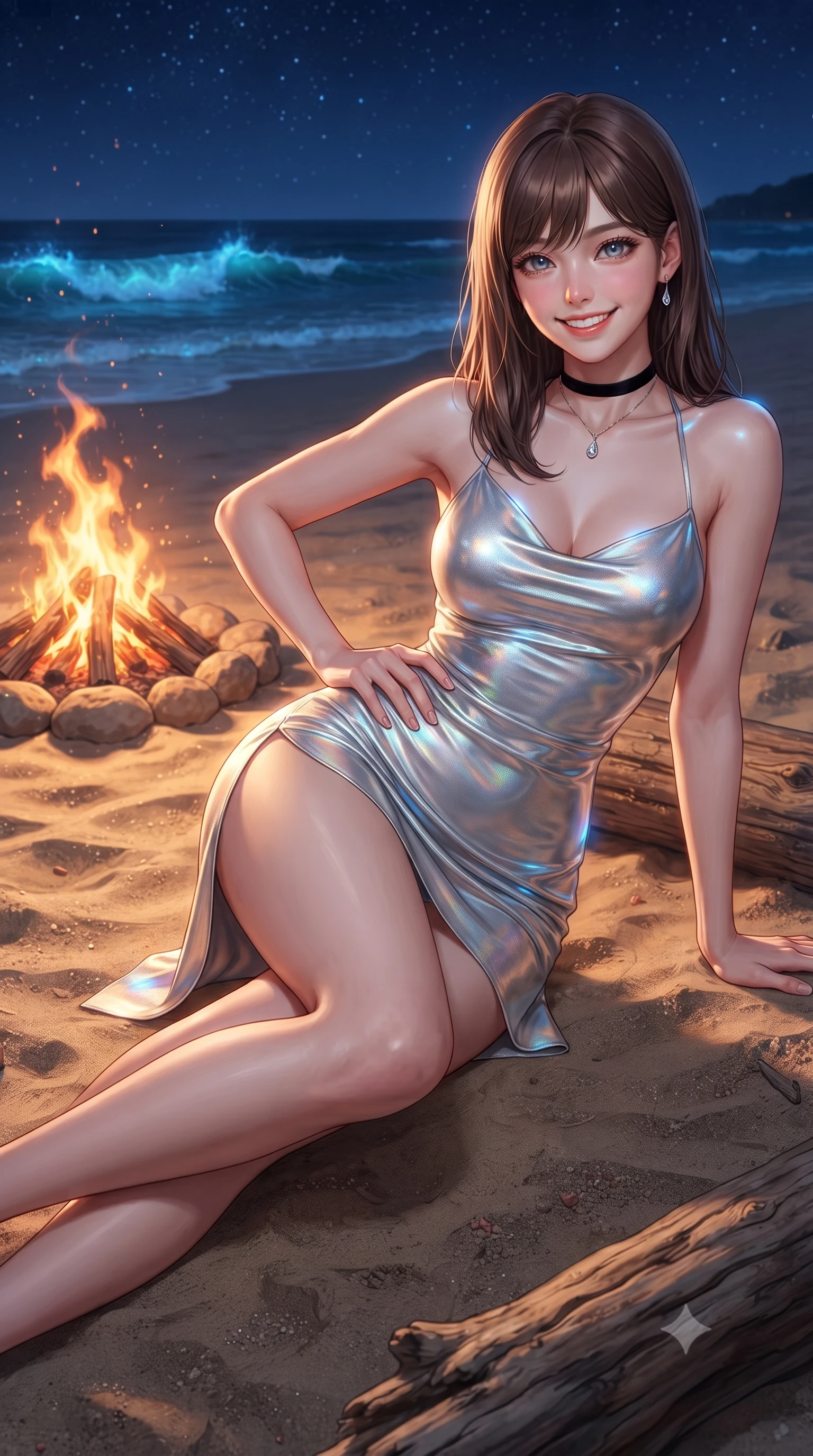 score_9, masterpiece, best quality, ultra-detailed, high-budget anime keyframe, editorial fashion photography, tasteful artistic composition, Korean woman. close-up cowboy shot from the waist and thighs up, the character dominates the composition, filling the frame with her large presence. perched sideways on the lounge seat, one knee drawn up to showcase her slender leg line while her arched back accentuates her feminine hip curve while reclining gracefully on the dry beach sand beside the campfire propped on one elbow with legs extended, displaying her long slender limbs and statuesque hourglass silhouette. The surrounding environment is rendered in vivid detail and crisp panoramic clarity: sharp phosphorescent neon-blue wave foam droplets, fine wet coral sand grains, and weathered driftwood grain in deep focus. She has an exceptionally elegant, slender, and willowy female figure with an ultra-slim waist, flat toned midriff, narrow ribcage, and sculpted feminine hips creating an alluring, slim hourglass silhouette without bulk. sharp v-shaped jawline, high-bridge nose, intricate jewel-like sparkling eyes with depth, thick eyelashes, glossy parted lips with a natural peach sheen, bright cheerful beaming smile with an enchanting and coquettish sensual glint, exuding both youthful cute charm and seductive allure, flawlessly proportioned anatomical accuracy, strict slender model proportions, natural body alignment, perfectly sculpted long slender limbs, ultra-slim waistline, clean dynamic posture without body distortion. wearing a backless liquid lamé mini dress with criss-cross spinal straps and daring side slit in liquid molten silver and iridescent mother-of-pearl, made of fluid liquid jersey with seamless sculpting hold and smooth contours, finished with a thin velvet ribbon choker and a single teardrop diamond pendant, the high-slit wrap tailoring accentuating her ultra-slim waistline and the enchanting curve of her feminine hips with alluring seductive charm. illuminated by glowing wet sand reflection sheen and sharp neon-blue and gold dual rim lights defining her dewy collarbones, ultra-slim waist, and curvy hips. ultra-reflective glossy finish, specular highlights, rich textural contrasts, high-contrast stereoscopic depth, volumetric dynamic lighting, 2k, ultra detail, master piece, 9:16 ratio