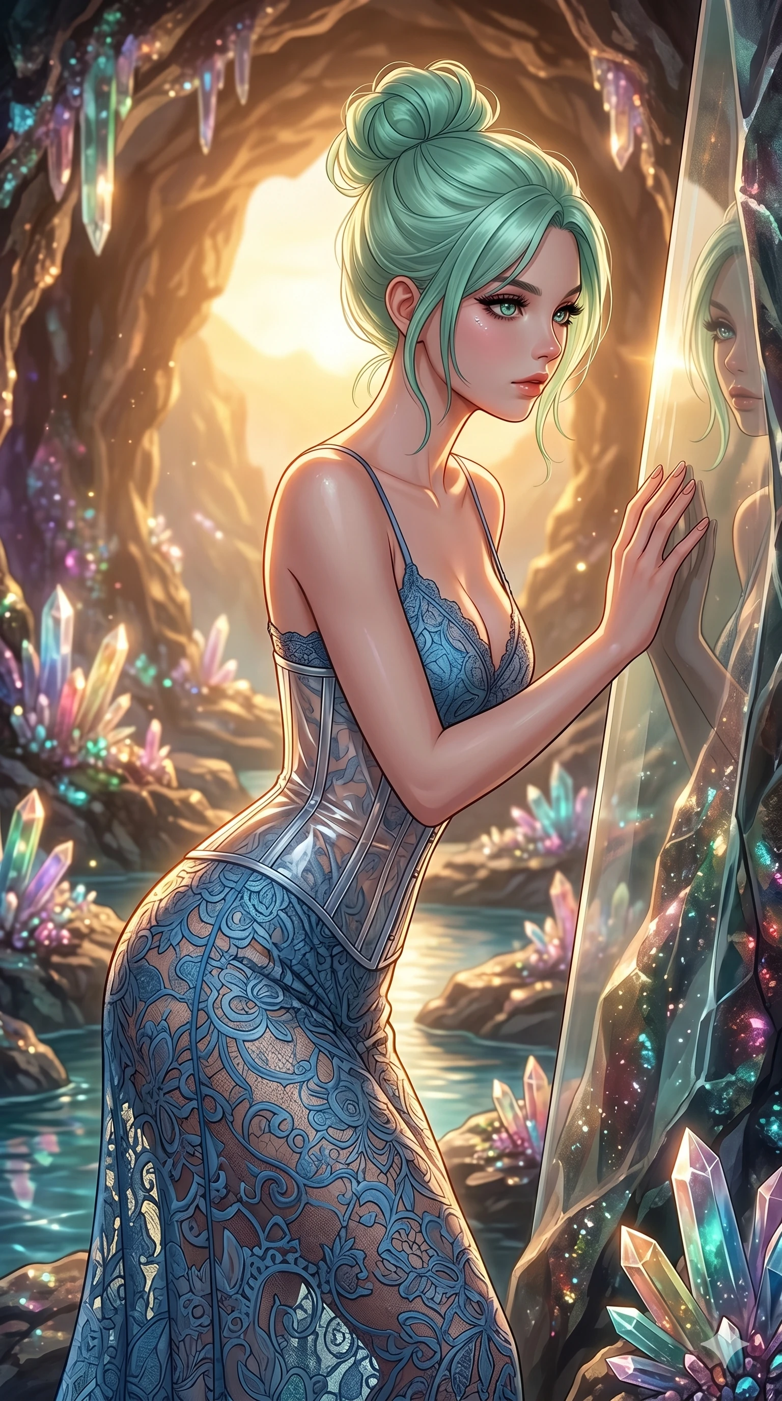 score_9, masterpiece, best quality, ultra-detailed, high-budget anime keyframe, editorial fashion photography, tasteful artistic composition, Japanese woman. cowboy shot from the thighs up, character and outfit filling the frame for maximum editorial presence. resting her hands on the glass, looking with quiet self-assurance inside a hidden grotto filled with sparkling crystal mineral veins (Code-P19-165). She has an absolutely perfect 8-heads proportion, an exceptionally tall and slender female figure with impossibly long slender legs and an ultra-slim waist. V-shaped jawline, high-bridge nose, intricate jewel-like eyes with depth, thick eyelashes, glossy lips with a natural sheen. wearing a transparent PVC corset over a blue lace slip dress. bathed in warm golden hour sunset light, tracing the sleek contours of her athletic build. 2k, ultra detail, master piece, 9:16 ratio