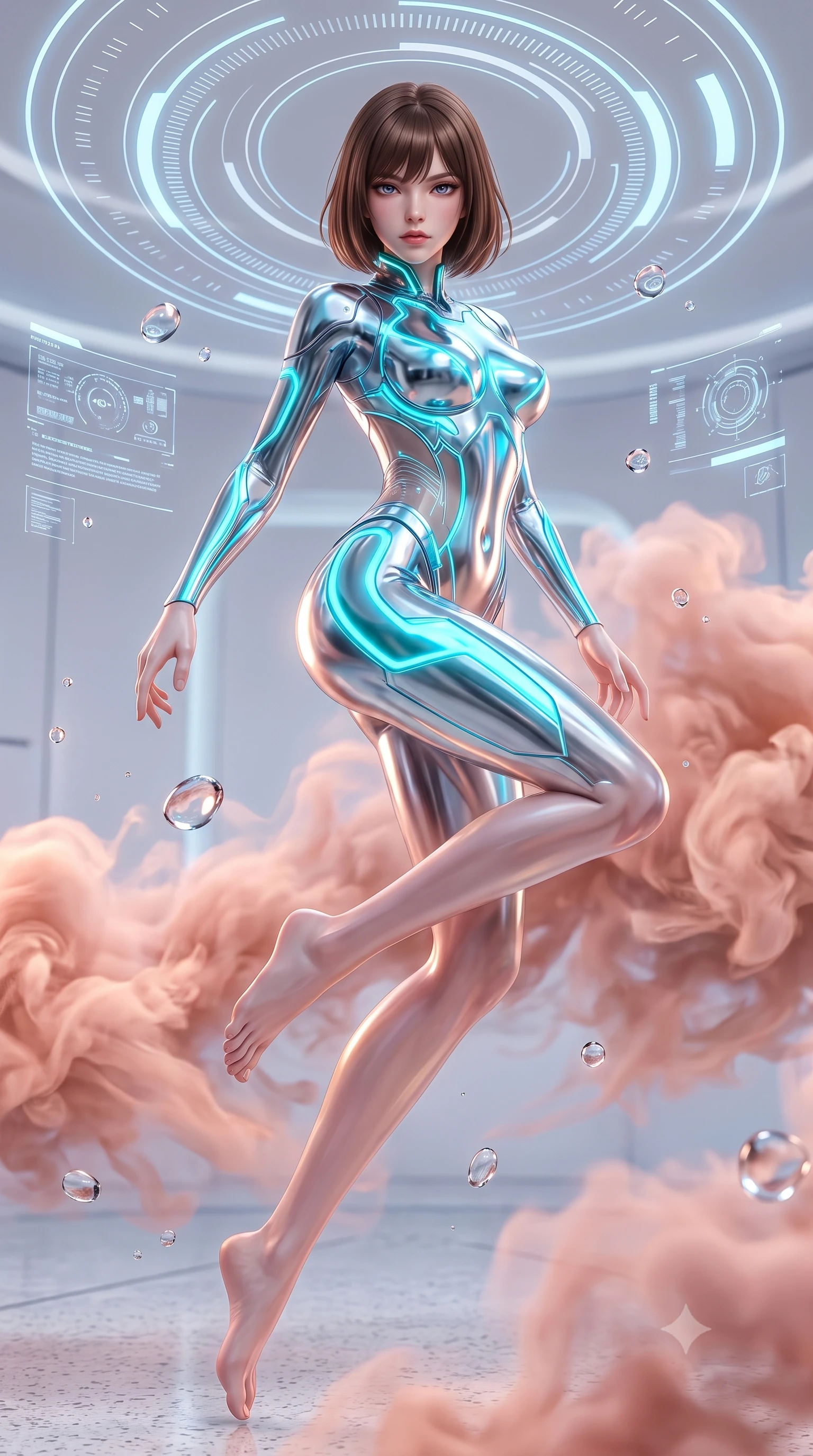 score_9, masterpiece, best quality, ultra-detailed, high-budget anime keyframe, semi-realistic 3D game render, editorial fashion photography, tasteful artistic composition, Korean woman. low angle full-body shot from head to toe showing her feet, filling the entire 9:16 vertical frame with her statuesque presence, stretching her vertical silhouette. performing an alluring mid-air vault with flawless poise, looking directly into the camera with regal, divine intensity while stretching her slender torso in an alluring S-curve as warm rose-gold nano-mist vapors swirl around her bare legs. The surrounding environment is rendered in vivid detail and crisp panoramic clarity. sharp holographic halo interface glyphs, quartz floor grain, and fluid droplet beads in high clarity. She has an absolutely perfect, statuesque 8.5-heads proportion, an exceptionally tall and slender model-like female figure with impossibly long slender legs, a toned flat midriff, and an ultra-slim waist. sharp v-shaped jawline, high-bridge nose, intricate jewel-like eyes with depth, thick eyelashes, glossy lips with a natural sheen, flawlessly proportioned anatomical accuracy, strict slender model proportions, natural body alignment, perfectly sculpted long slender limbs, ultra-slim waistline, clean dynamic posture without body distortion. wearing an aerodynamic sculpted liquid-chrome bodysuit with glowing neon fiber-optic circuitry and an elegant high-fashion cut in polished mirror chrome and glowing electric cyan neon, tailored from semi-translucent cybernetic vinyl with glowing micro-filaments, featuring a sleek aerodynamic collar framed by subtle glowing cybernetic accents, the form-contouring material adhering flawlessly to her sculpted flat midriff and slender torso, emphasizing her long leg lines and perfectly proportioned willowy build. surrounded by a pristine, divine, and breathtakingly beautiful cyber-muse awakening atmosphere. rich saturated anime colors with glowing neon highlights, detailed shading with soft gradients, rich glossy textures, high-contrast stereoscopic depth, volumetric dynamic lighting, master piece, 9:16 ratio