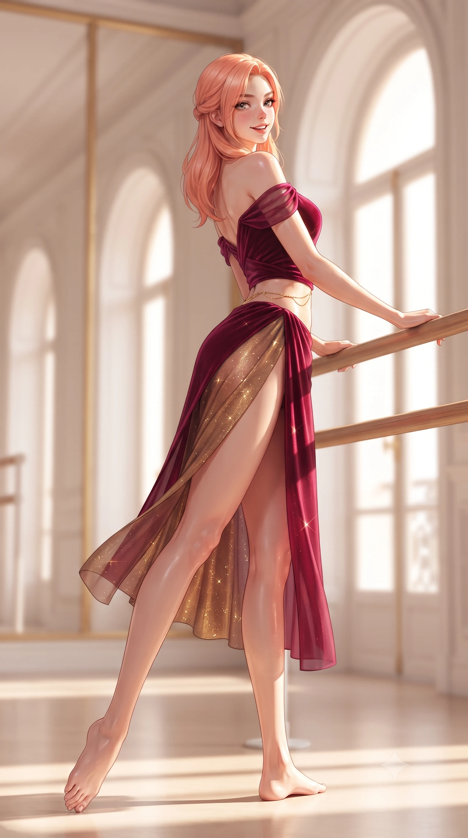score_9, masterpiece, best quality, ultra-detailed, high-budget anime keyframe, editorial fashion photography, tasteful artistic composition, Japanese woman. low angle full-body shot from head to toe showing her feet, filling the entire 9:16 vertical frame with her statuesque presence, stretching her vertical silhouette. executing a slow, graceful pivot turn as her skirt sways around her slender legs, glancing back with an enchanting, teasing sensual expression while resting one hand on the wooden ballet barre while extending one long slender leg in an exquisite arabesque, arching her spine with dancer poise. The background shows a soft-focus endless reflections in gilded floor-to-ceiling mirrors, soaring arched windows, and white molding blurred into cream, peach, and gold bokeh. She has an absolutely perfect, statuesque 8.5-heads proportion, an exceptionally tall and slender model-like female figure with impossibly long slender legs, an ultra-slim waist, a flat toned midriff, narrow delicate ribcage, and beautifully sculpted feminine hips creating a graceful, slim hourglass silhouette without any bulky heaviness. sharp v-shaped jawline, high-bridge nose, sparkling eyes with hypnotic seductive depth, thick curled eyelashes, glossy parted lips with a natural dewy peach sheen, alluring bedroom-eyes with an enchanting coquettish smile, exuding magnetic siren charisma and sophisticated glamour, flawlessly proportioned anatomical accuracy, strict slender model proportions, natural body alignment, perfectly sculpted long slender limbs, ultra-slim waistline, clean dynamic posture without body distortion. wearing a delicate sheer gossamer chiffon ballet wrap dress slipping off bare shoulders with a daring hip-high leg slit in royal opera house crimson velvet and shimmering gold leaf, woven from stretch metallic lurex jersey casting radiant starlight glints across her silhouette, accented with a dainty gold belly chain resting across her flat midriff and curving hips, the liquid-tight tailored fabric clinging flawlessly to her narrow waist and rounded feminine hips, emphasizing every millimeter of her sculpted slim hourglass curves without any bulky heaviness. bathed in radiant morning sunlight streaming through monumental Parisian arched windows. ultra-reflective glossy finish, specular highlights, rich textural contrasts, high-contrast stereoscopic depth, volumetric dynamic lighting, 2k, ultra detail, master piece, 9:16 ratio