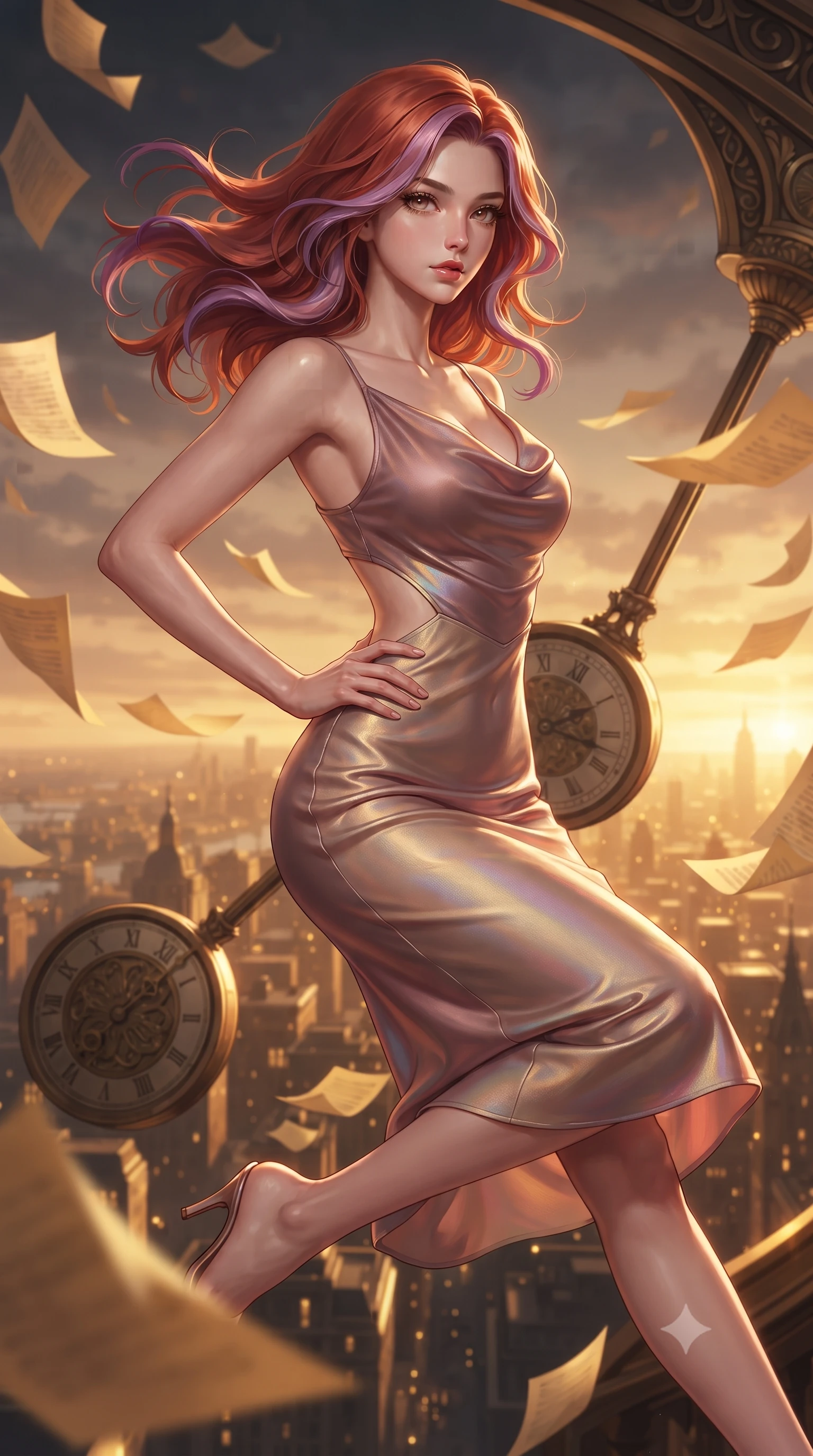 score_9, masterpiece, best quality, ultra-detailed, high-budget anime keyframe, editorial fashion photography, tasteful artistic composition, Caucasian woman. close-up cowboy shot from the waist and thighs up, the character dominates the composition, filling the frame with her large presence, background elements kept in soft focus. Holding a powerful dynamic pose with one hand on her hip and body angled dramatically toward the key light while leaping through the arc of a massive mechanical clock pendulum swinging over a golden city, golden paper manuscript pages fluttering around her in a dynamic tempest breeze. She has an exceptionally elegant, slender, and willowy female figure with an ultra-slim waist, a gracefully sculpted slender torso, and a refined silhouette. sharp v-shaped jawline, high-bridge nose, intricate jewel-like eyes with depth, thick eyelashes, glossy lips with a natural sheen, flawlessly proportioned anatomical accuracy, natural body alignment, perfectly sculpted elegant limbs, clean dynamic posture without body distortion. wearing an elegant cowl-neck satin midi dress with a graceful draped neckline in dusty rose and champagne gold, crafted from iridescent chiffon that shifts colors in the light, featuring clean architectural cutouts along her slender torso, the form-contouring material highlighting her ultra-slim waist and long lines. bathed in warm twilight amber backlighting and rich metallic specular glow. ultra-reflective glossy finish, specular highlights, metallic sheen, high-contrast stereoscopic depth, volumetric dynamic lighting, 2k, ultra detail, master piece, 9:16 ratio