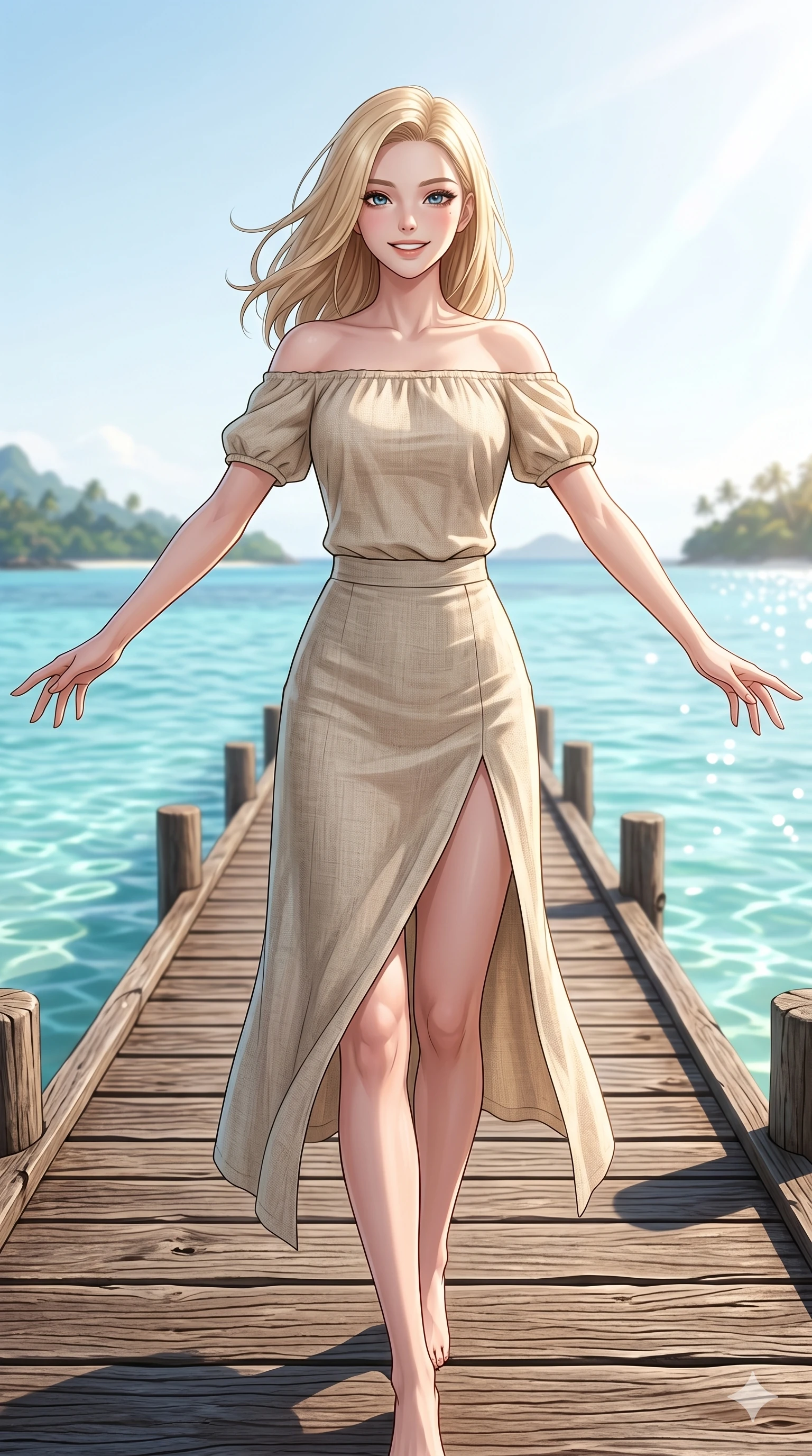 score_9, masterpiece, best quality, ultra-detailed, high-budget anime keyframe, editorial fashion photography, tasteful artistic composition, Korean woman. cowboy shot from the thighs up, character and outfit filling the frame for maximum editorial presence. stretching her arms out with a bright, refreshed smile, enjoying the warm breeze standing on a wooden pier stretching into a turquoise ocean lagoon. She has an absolutely perfect 8-heads proportion, an exceptionally tall and slender female figure with impossibly long slender legs and an ultra-slim waist. V-shaped jawline, high-bridge nose, intricate jewel-like eyes with depth, thick eyelashes, glossy lips with a natural sheen. wearing a beige off-shoulder top showing her elegant clavicle lines, and a split linen skirt. drenched in bright afternoon sunshine, with shimmering light reflections from the water. 2k, ultra detail, master piece, 9:16 ratio