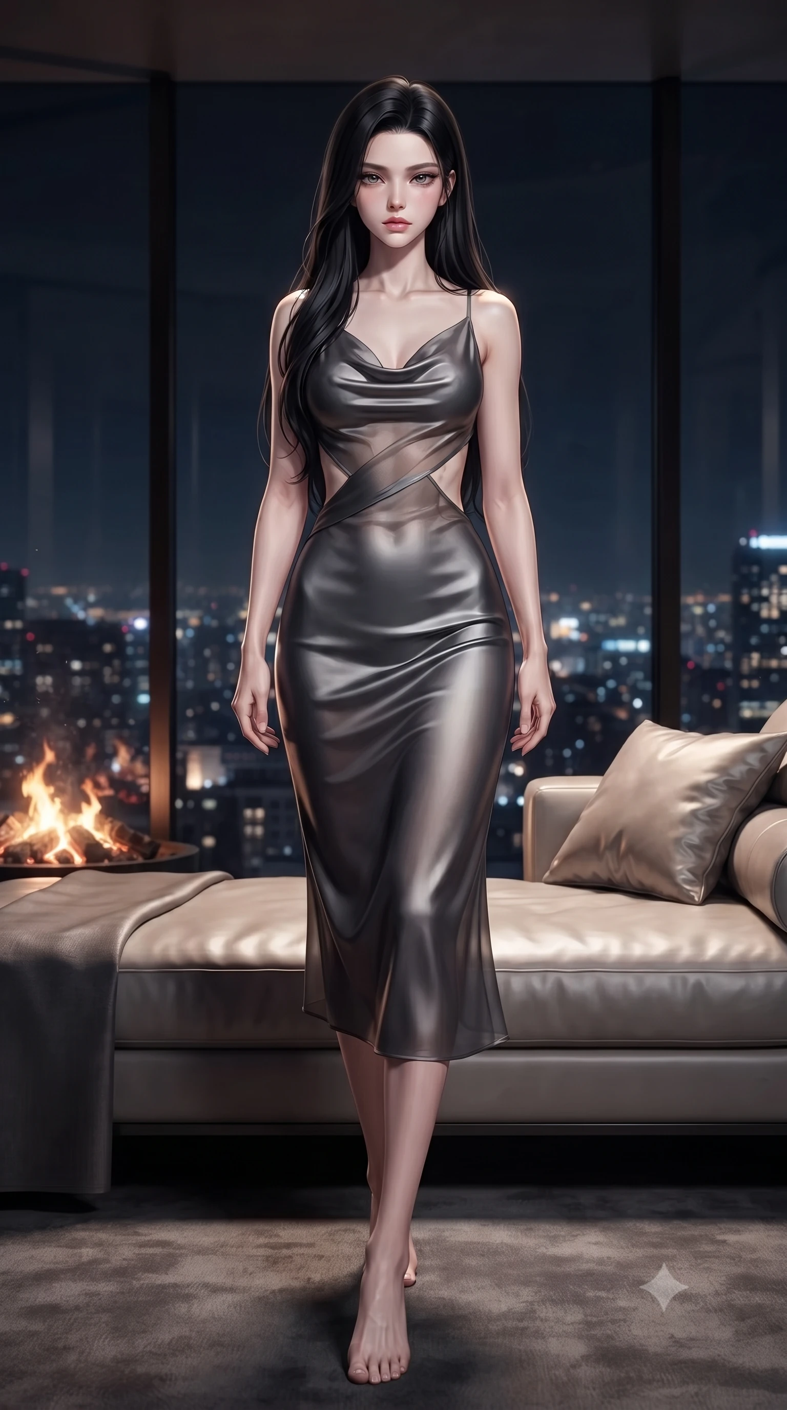 score_9, masterpiece, best quality, ultra-detailed, high-budget anime keyframe, editorial fashion photography, tasteful artistic composition, Korean woman. low angle full-body shot from head to toe showing her feet, filling the entire 9:16 vertical frame with her statuesque presence, stretching her vertical silhouette. stepping forward with proud posture, filling the vertical frame with her magnetic presence sitting on a plush silk daybed in a high-rise luxury penthouse overlooking city lights, soft moonlight tracing her slender shoulder and collarbone lines elegantly. She has an absolutely perfect, statuesque 8.5-heads proportion, an exceptionally tall and slender model-like female figure with impossibly long slender legs and an ultra-slim waist. sharp v-shaped jawline, high-bridge nose, intricate jewel-like eyes with depth, thick eyelashes, glossy lips with a natural sheen. wearing an elegant cowl-neck satin midi dress with a draped neckline in charcoal grey and platinum, woven from fine semi-opaque sheer organza, featuring clean architectural cutouts along her slender torso, the sleek second-skin texture accentuating her magnetic presence. illuminated by glowing hearth embers and dramatic city night rim light. ultra-reflective glossy finish, specular highlights, metallic sheen, high-contrast stereoscopic depth, volumetric dynamic lighting, 2k, ultra detail, master piece, 9:16 ratio