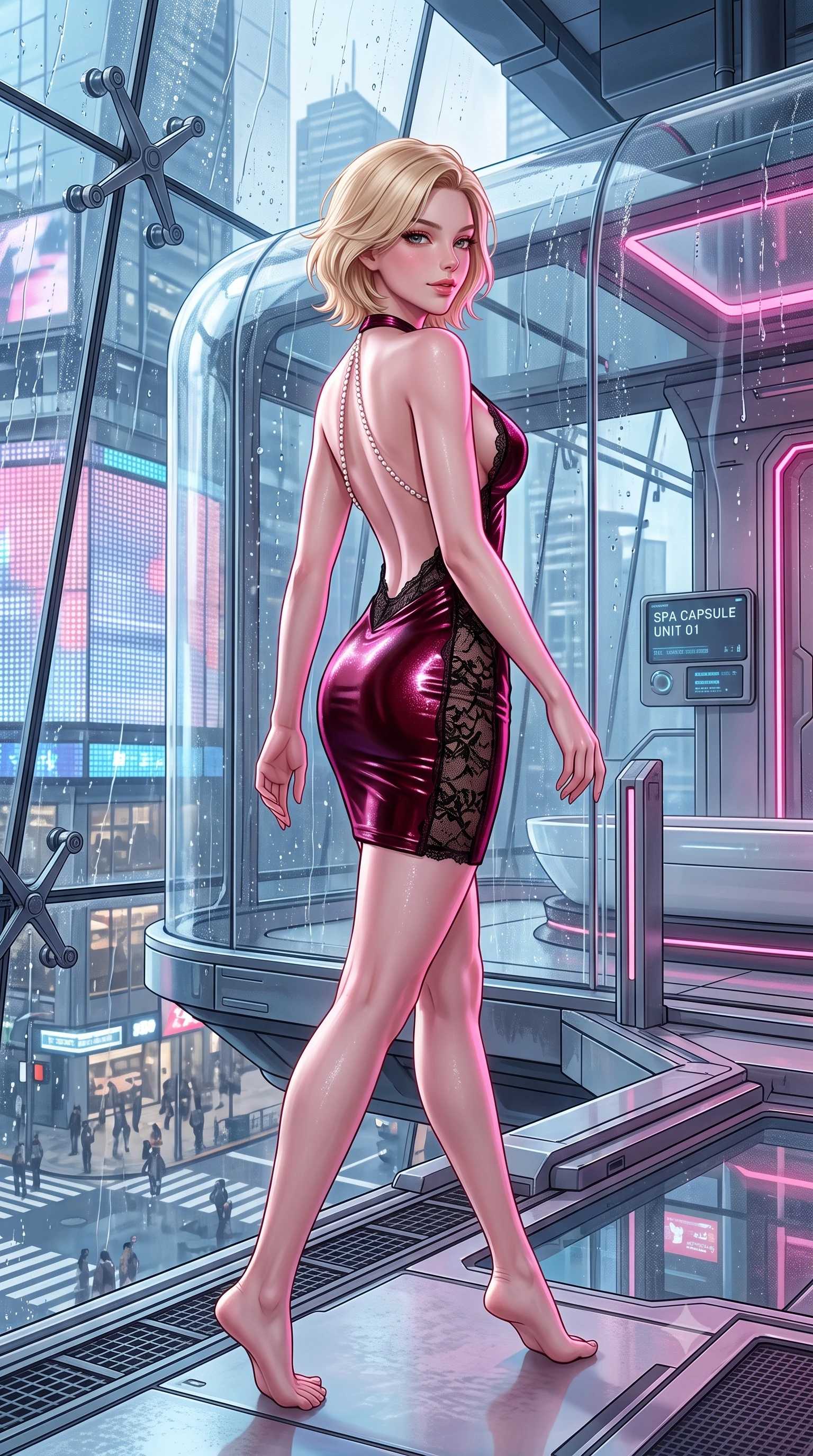 score_9, masterpiece, best quality, ultra-detailed, high-budget anime keyframe, semi-realistic 3D game render, editorial fashion photography, tasteful artistic composition, Caucasian woman. low angle full-body shot from head to toe showing her feet, filling the entire 9:16 vertical frame with her statuesque presence, stretching her vertical silhouette. walking along the terrace with poise, looking back over her bare shoulder with an irresistible smoldering bedroom-gaze while standing tall inside the transparent glass spa capsule jutting out over the crossing, arching her spine with futuristic siren poise. The surrounding environment is rendered in vivid detail and crisp panoramic clarity: sharp exterior structural steel spider clamps, water droplets sliding down heated glass, and video screen pixel grids in deep focus. She has an absolutely perfect, statuesque 8.5-heads proportion, an exceptionally tall and slender model-like female figure with impossibly long slender legs, an ultra-slim waist, a flat toned midriff, narrow delicate ribcage, and beautifully sculpted feminine hips creating a graceful, slim hourglass silhouette without any bulky heaviness. sharp v-shaped jawline, high-bridge nose, sparkling eyes with hypnotic seductive depth, thick curled eyelashes, glossy parted lips with a natural dewy peach sheen, alluring bedroom-eyes with an enchanting coquettish smile, exuding magnetic siren charisma and sophisticated glamour, flawlessly proportioned anatomical accuracy, strict slender model proportions, natural body alignment, perfectly sculpted long slender limbs, ultra-slim waistline, clean dynamic posture without body distortion. wearing a slinky backless halterneck column mini dress in shimmering liquid vinyl clinging like a second skin in deep bordeaux velvet and delicate black chantilly, woven from stretch metallic lurex jersey casting radiant starlight glints across her silhouette, accented with a pearl-drop body harness subtly framing her dewy collarbones and spine, the second-skin tailored fabric adhering flawlessly to her sculpted flat midriff and slender torso, emphasizing her long leg lines and perfectly proportioned willowy build. illuminated by thermal water reflection bounce and sharp electric-pink rim lights sculpting her jawline, flat midriff, and curvy hips. highly saturated vibrant anime colors, detailed shading with soft gradients, rich glossy textures, high-contrast stereoscopic depth, volumetric dynamic lighting, master piece, 9:16 ratio