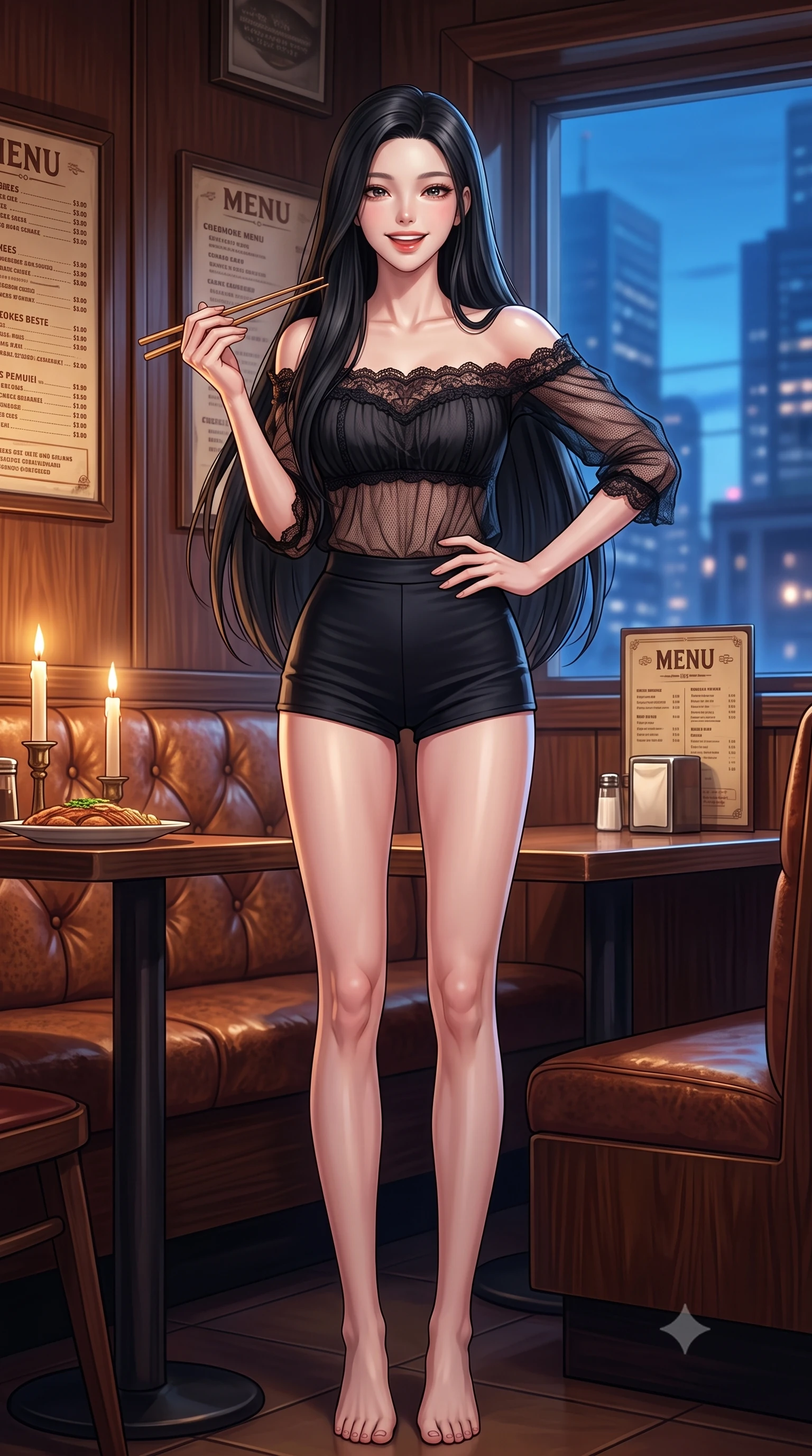 score_9, masterpiece, best quality, ultra-detailed, high-budget anime keyframe, editorial fashion photography, tasteful artistic composition, Korean woman. low angle full-body shot from head to toe showing her feet, filling the entire 9:16 vertical frame with her statuesque presence, stretching her vertical silhouette. standing with a cute, bright pose, tilting her head with a beaming smile set against a soft-focus background of in a cozy traditional diner corner with leather booths and vintage menus holding a pair of chopsticks with a cute, excited look before eating. She has an absolutely perfect, statuesque 8.5-heads proportion, an exceptionally tall and slender model-like female figure with impossibly long slender legs and an ultra-slim waist. sharp v-shaped jawline, high-bridge nose, intricate jewel-like eyes with depth, thick eyelashes, glossy lips with a natural sheen. wearing slim-fit delicate lace-trim off-shoulder blouse paired with a sheer mesh overlay and form-contouring mini shorts. soft candle light clashing with the cool blue city twilight sky outside. highly saturated vibrant anime colors, detailed shading with soft gradients, rich glossy textures, high-contrast stereoscopic depth, volumetric dynamic lighting, master piece, 9:16 ratio