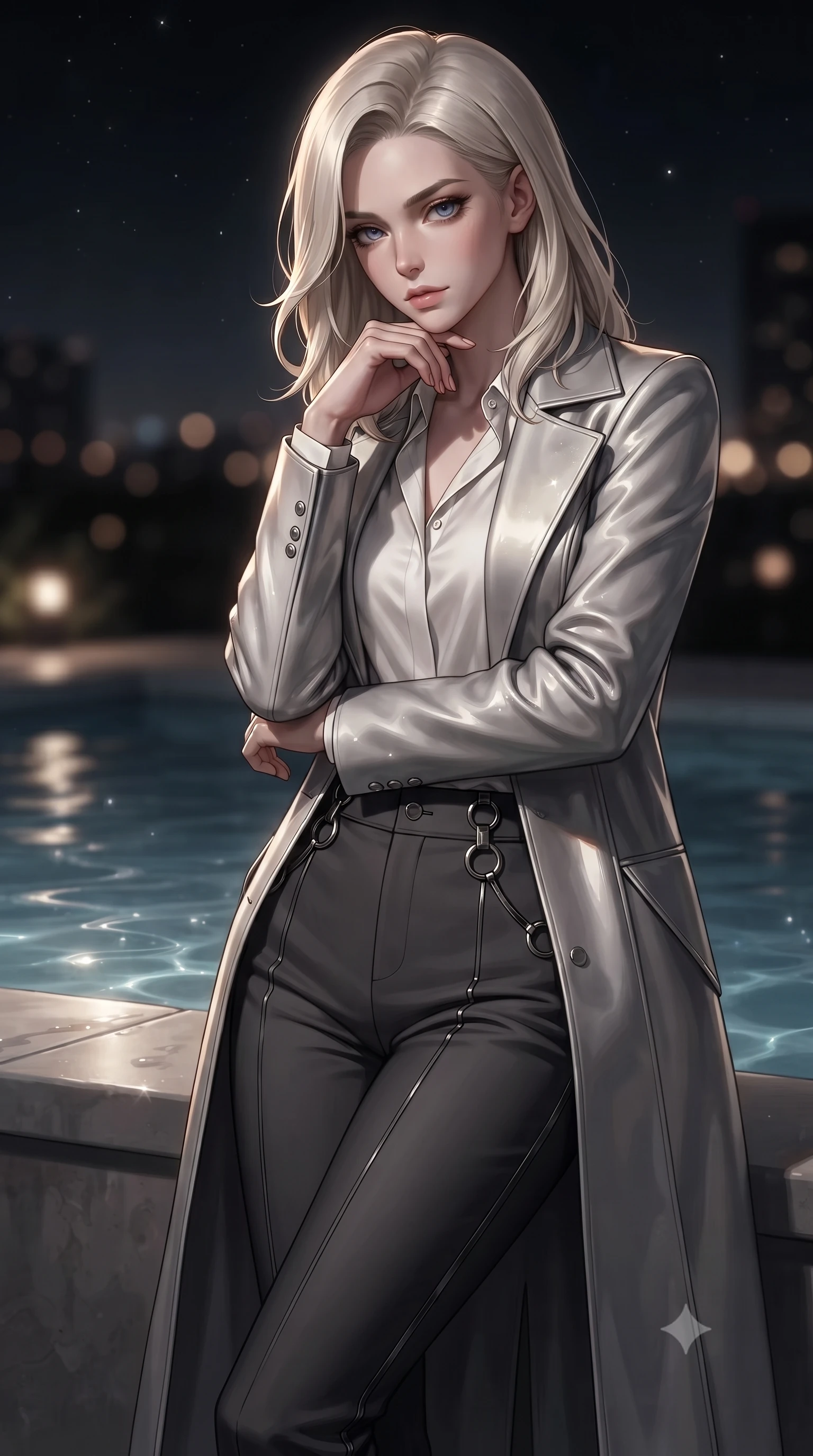 score_9, masterpiece, best quality, ultra-detailed, high-budget anime keyframe, editorial fashion photography, tasteful artistic composition, Caucasian woman. close-up cowboy shot from the waist and thighs up, the character dominates the composition, filling the frame with her large presence, background elements kept in soft focus. Resting her chin on the backs of her fingers with an air of effortless superiority, resting against the submerged pool ledge as gentle water ripples catch starlight, distant city lights forming soft dark amber bokeh circles in the background. She has an exceptionally elegant, slender, and willowy female figure with an ultra-slim waist, a gracefully sculpted slender torso, and a refined silhouette. sharp v-shaped jawline, high-bridge nose, intricate jewel-like eyes with depth, thick eyelashes, glossy lips with a natural sheen. wearing structured platinum leather long coat over white silk blouse and tailored slacks in dark charcoal gray, made of polished black leather, trimmed with dark chrome ring hardware along the waist contours, following her slender form with tailored precision. bathed in dramatic chiaroscuro with sharp starlight rim rays tracing her silhouette. ultra-reflective glossy finish, specular highlights, metallic sheen, high-contrast stereoscopic depth, volumetric dynamic lighting, 2k, ultra detail, master piece, 9:16 ratio