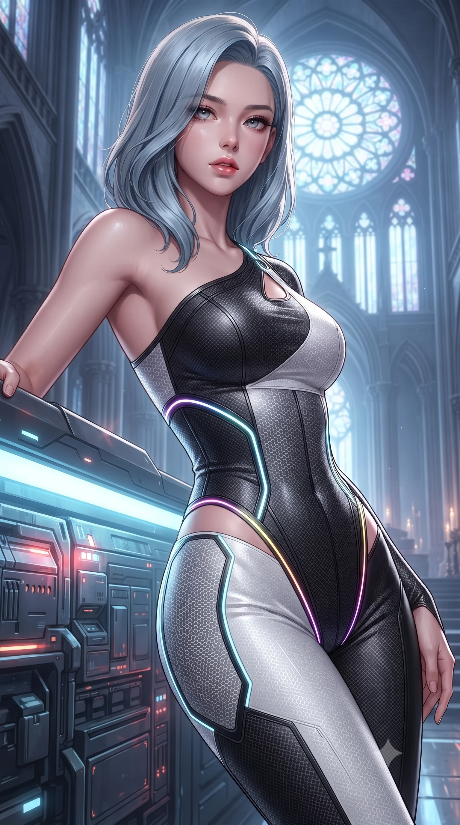 score_9, masterpiece, best quality, ultra-detailed, high-budget anime keyframe, editorial fashion photography, tasteful artistic composition, Korean woman. close-up cowboy shot from the waist and thighs up, the character dominates the composition, filling the frame with her large presence. leaning back against the glowing maintenance bulkhead with relaxed seductive grace, her flat midriff and narrow waist highlighted as laser ambient light traces her curves while standing centered in the soaring nave beneath monumental holographic rose windows, arching her spine with divine cybernetic majesty. The surrounding environment is rendered in vivid detail and crisp panoramic clarity: detailed armored bodice weave, rainbow laser specular highlights on skin, and futuristic gothic cathedral architecture in high clarity. She has an exceptionally elegant, slender, and willowy female figure with an ultra-slim waist, flat toned midriff, narrow ribcage, and sculpted feminine hips creating an alluring, slim hourglass silhouette without bulk. sharp v-shaped jawline, high-bridge nose, intricate jewel-like sparkling eyes with depth, thick eyelashes, glossy parted lips with a natural sheen, bright confident smile with an enchanting and coquettish sensual glint, exuding both youthful magnetic charm and sovereign high-tech allure, flawlessly proportioned anatomical accuracy, strict slender model proportions, natural body alignment, perfectly sculpted long slender limbs, ultra-slim waistline, clean dynamic posture without body distortion. wearing an asymmetric one-shoulder combat catsuit with carbon-weave paneling and an open-waist architecture emphasizing her hips in dual-tone high-contrast monochrome black and stark white, woven from delicate semi-opaque high-tensile nano-mesh with intricate hexagonal micro-patterns, accented with glowing neon fiber-optic piping tracing her spine and hip lines, the high-waisted tailoring accentuating her ultra-slim waistline and the enchanting curve of her feminine hips with alluring dark charm. illuminated by altar floor candle LEDs and sharp gold-and-violet rim lighting sculpting her razor-sharp jawline, narrow waist, and curvy hips. ultra-reflective glossy finish, specular highlights, rich textural contrasts, high-contrast stereoscopic depth, volumetric dynamic lighting, 2k, ultra detail, master piece, 9:16 ratio