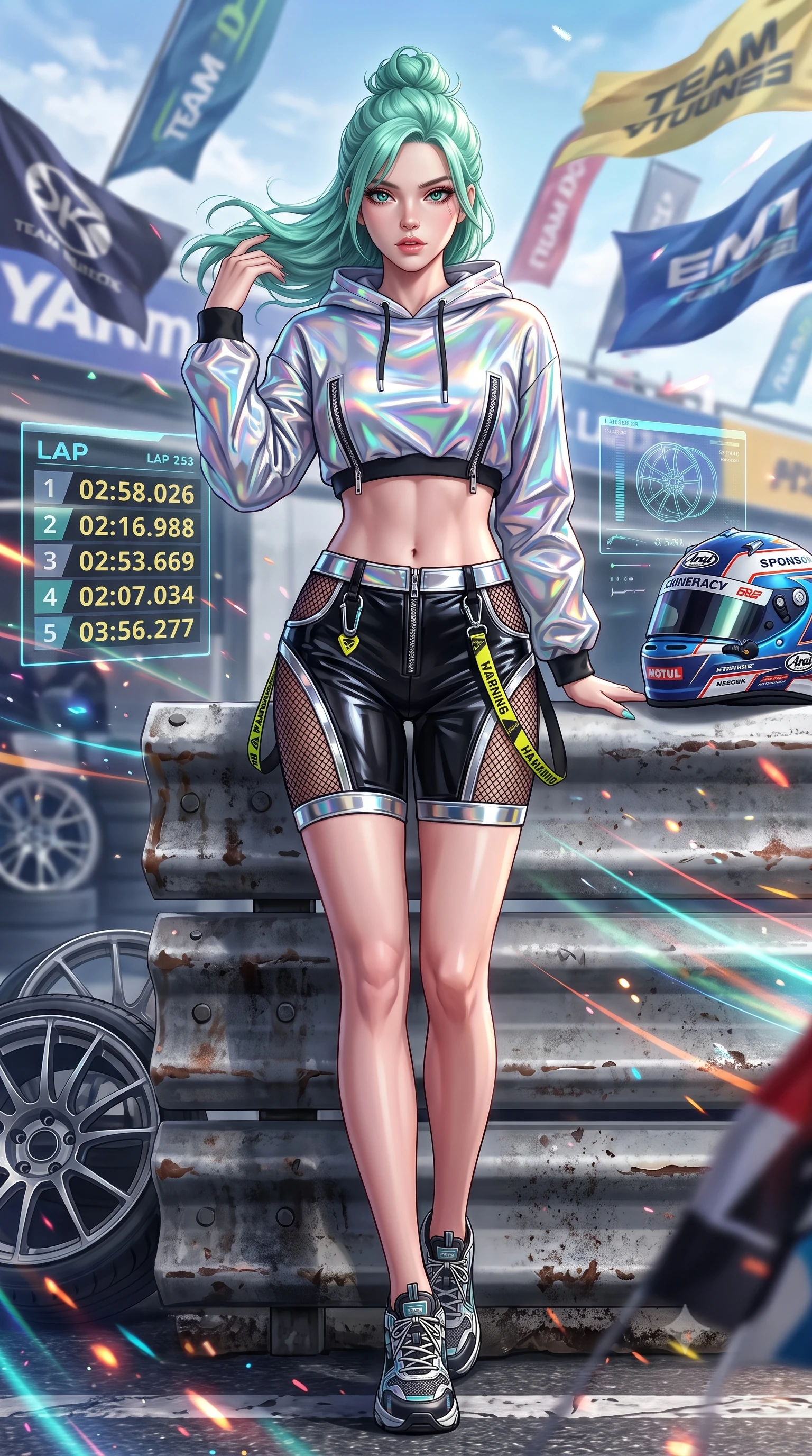 score_9, masterpiece, best quality, ultra-detailed, high-budget anime keyframe, semi-realistic 3D game render, editorial fashion photography, tasteful artistic composition, Japanese woman. low angle full-body shot from head to toe showing her feet, filling the entire 9:16 vertical frame with her statuesque presence, stretching her vertical silhouette. striding forward in a proud, dynamic supermodel runway stride, hips swaying in an alluring kinetic rhythm that stretches her silhouette while leaning against a heavy track barrier, tossing her hair over one shoulder as wind whips the racing circuit banners. The surrounding environment is rendered in vivid detail and crisp panoramic clarity. detailed holographic timing displays, alloy wheel spokes, and high-tech racing helmet in high clarity. She has an absolutely perfect, statuesque 8.5-heads proportion, an exceptionally tall and slender model-like female figure with impossibly long slender legs, a toned flat midriff, and an ultra-slim waist. sharp v-shaped jawline, high-bridge nose, intricate jewel-like eyes with depth, thick eyelashes, glossy parted lips with a natural sheen, intensely captivating and seductive expression, flawlessly proportioned anatomical accuracy, strict slender model proportions, natural body alignment, perfectly sculpted long slender limbs, ultra-slim waistline, clean dynamic posture without body distortion. wearing a holographic silver crop hoodie paired with high-waisted racing shorts and fishnet accents in pitch-black vinyl and specular chrome trim, made of durable ripstop technical nylon with metallic zipper teeth, finished with high-visibility hazard warning tape details and carabiner clips, the precision-cut daring openings accentuating her delicate midriff, graceful bare collarbones, and ultra-slim feminine waistline. surrounded by an adrenaline-fueled, audacious, and wildly charismatic drift idol aura. highly saturated vibrant anime colors, detailed shading with soft gradients, rich glossy textures, high-contrast stereoscopic depth, volumetric dynamic lighting, master piece, 9:16 ratio