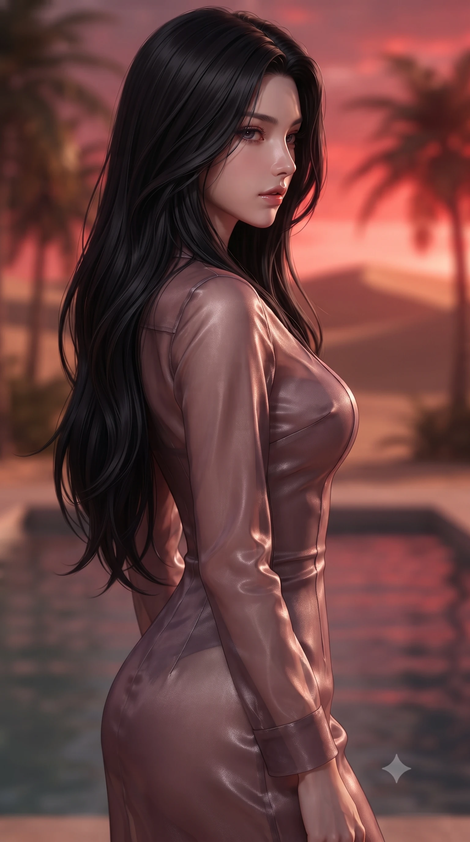 score_9, masterpiece, best quality, ultra-detailed, high-budget anime keyframe, editorial fashion photography, tasteful artistic composition, Korean woman woman. close-up cowboy shot from the waist and thighs up, the character dominates the composition, filling the frame with her large presence, background elements kept in soft focus. turning her face in sharp profile, casting a cold, mysterious, yet intensely alluring side gaze, the background shows a soft-focus a pool deck of a resort in a desert oasis, surrounded by palm trees and sand dunes. She has an exceptionally elegant, slender, and willowy female figure with an ultra-slim waist, a gracefully sculpted slender torso, and a refined silhouette. sharp v-shaped jawline, high-bridge nose, intricate jewel-like eyes with depth, thick eyelashes, glossy lips with a natural sheen. wearing a tailored sheer organza dress in dusty mauve, showing her slender torso and willowy silhouette. the warm red and orange sunset sky casting a dramatic glow over the sands. ultra-reflective glossy finish, specular highlights, metallic sheen, high-contrast stereoscopic depth, volumetric dynamic lighting, 2k, ultra detail, master piece, 9:16 ratio