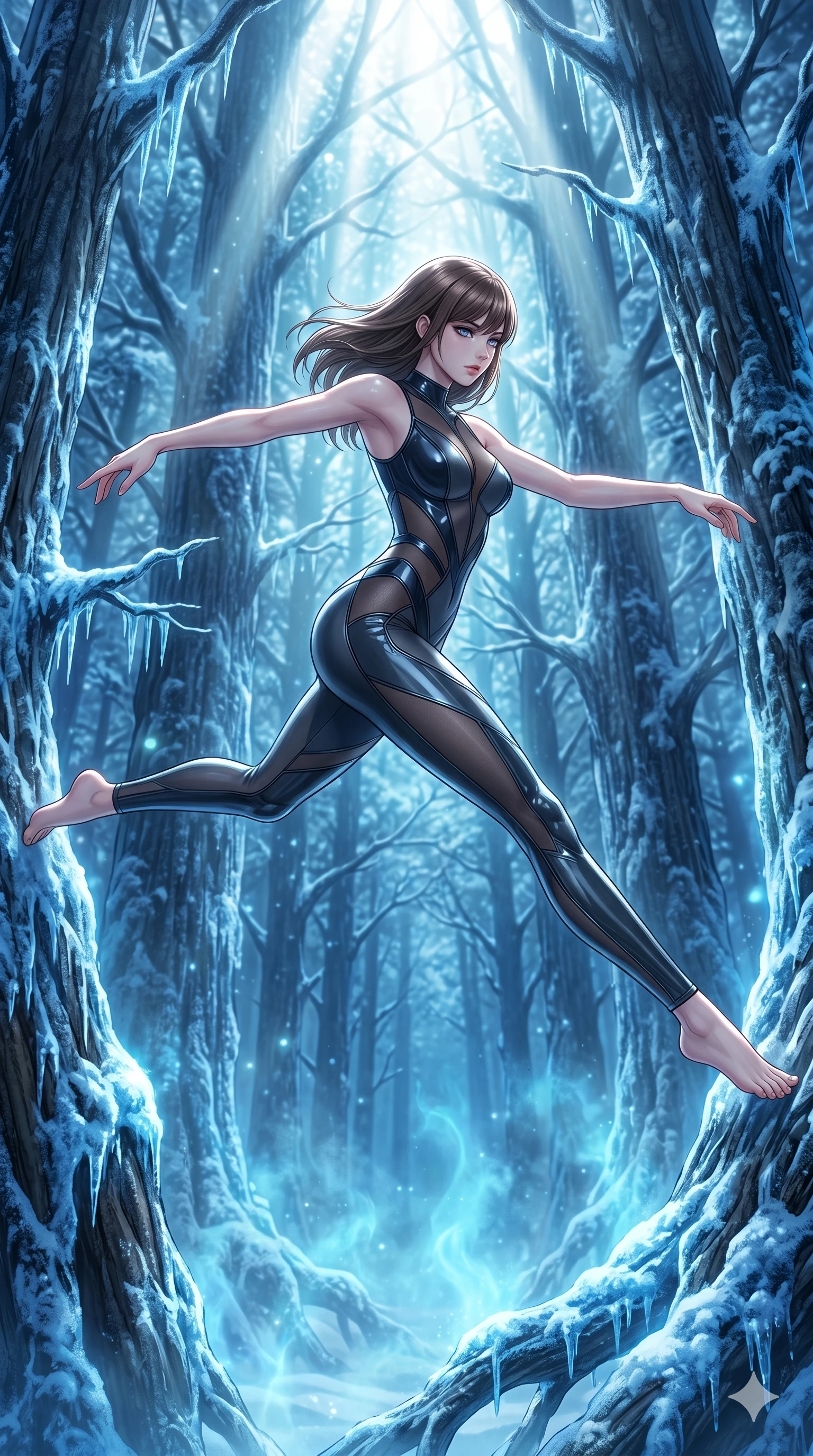 score_9, masterpiece, best quality, ultra-detailed, high-budget anime keyframe, editorial fashion photography, tasteful artistic composition, Korean woman. low angle full-body shot from head to toe showing her feet, filling the entire 9:16 vertical frame with her statuesque presence, stretching her vertical silhouette. Leaping gracefully across a gap, her body fully extended in a horizontal line of motion within an ethereal winter forest where the trees are covered in glowing blue ice. She has an absolutely perfect 8-heads proportion, an exceptionally tall and slender female figure with impossibly long slender legs and an ultra-slim waist. V-shaped jawline, high-bridge nose, intricate jewel-like eyes with depth, thick eyelashes, glossy lips with a natural sheen. wearing an asymmetric structured bodysuit in deep charcoal with a glossy vinyl overlay and sheer mesh inserts. drenched in cinematic god-ray sunlight descending from above, illuminating her form with bright highlights. 2k, ultra detail, master piece, 9:16 ratio