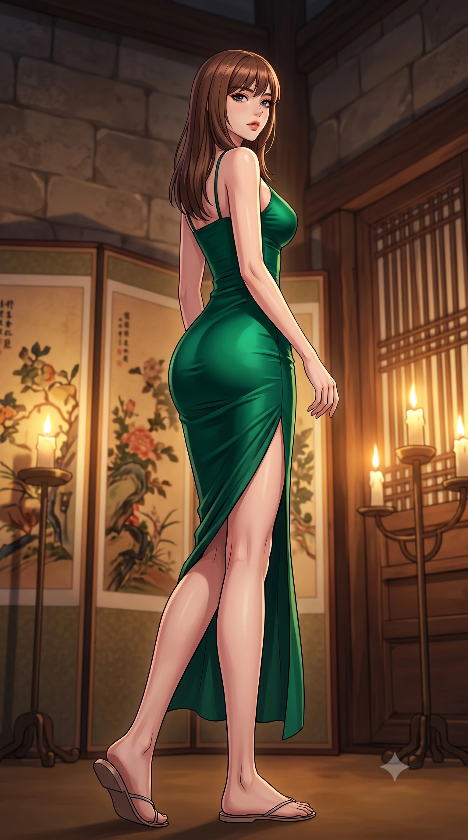 score_9, masterpiece, best quality, ultra-detailed, high-budget anime keyframe, tasteful artistic composition, Korean woman. low angle full-body shot from head to toe showing her feet, filling the entire 9:16 vertical frame with her statuesque presence, stretching her vertical silhouette. stepping gracefully while looking back over her shoulder, her dress draped tightly to reveal her silhouette the background shows a soft-focus an old castle chamber with decorative screen paintings and candle stands. She has an absolutely perfect, statuesque 8.5-heads proportion, an exceptionally tall and slender model-like female figure with impossibly long slender legs and an ultra-slim waist. sharp v-shaped jawline, high-bridge nose, intricate jewel-like eyes with depth, thick eyelashes, glossy lips with a natural sheen. wearing a slim-fit form-contouring emerald green silk slip dress that hugs her slender waist and hips. warm flickering candle lights casting dramatic shadows on the stone walls. highly saturated vibrant anime colors, cel-shading, 2d style, master piece, 9:16 ratio