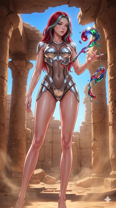 score_9, masterpiece, best quality, ultra-detailed, high-budget anime keyframe, Korean woman. low angle full-body shot filling the entire 9:16 frame with her statuesque presence, stretching the vertical silhouette. interacting with liquid stained-gla