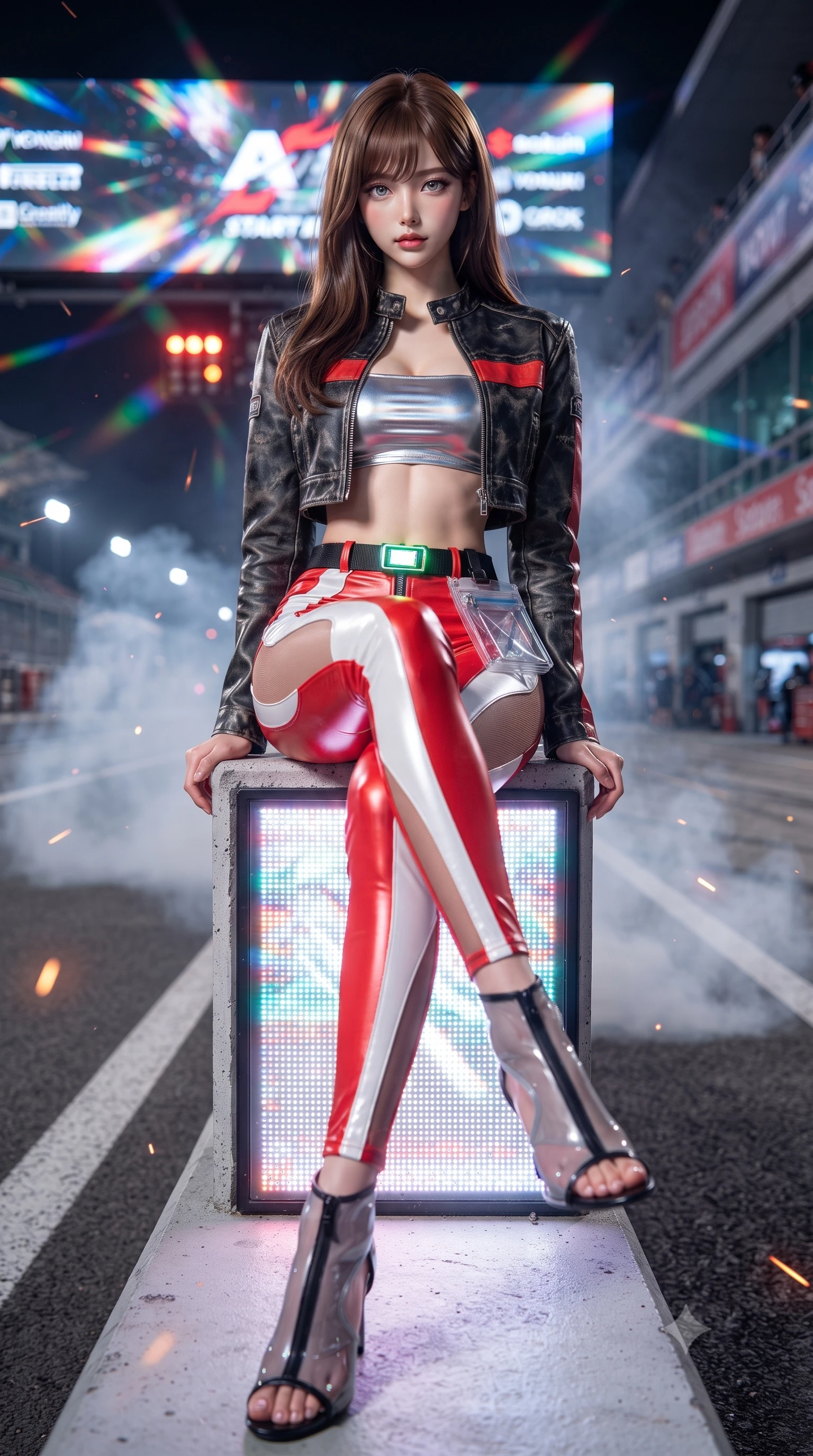 score_9, masterpiece, best quality, ultra-detailed, high-budget anime keyframe, editorial fashion photography, tasteful artistic composition, Korean woman. low angle full-body shot from head to toe showing her feet, filling the entire 9:16 vertical frame with her statuesque presence, stretching her vertical silhouette. sitting poised on the elevated edge with legs crossed and extended, her tall 8.5-heads proportions dominating the scene with effortless poise while posing boldly at the center of the illuminated starting grid as giant holographic jumbotrons flash behind her. The composition keeps background elements in soft focus with creamy bokeh. swirling smoke rings and burning rubber particulate catching laser beam motes across the circuit. She has an absolutely perfect, statuesque 8.5-heads proportion, an exceptionally tall and slender model-like female figure with impossibly long slender legs, a toned flat midriff, and an ultra-slim waist. sharp v-shaped jawline, high-bridge nose, intricate jewel-like eyes with depth, thick eyelashes, glossy parted lips with a natural sheen, intensely captivating and seductive expression, flawlessly proportioned anatomical accuracy, strict slender model proportions, natural body alignment, perfectly sculpted long slender limbs, ultra-slim waistline, clean dynamic posture without body distortion. wearing a cropped leather racing jacket unzipped over a reflective silver bandeau top and low-rise carbon track pants in bright racing scarlet red and glossy white, made of stretchy athletic knit with sheer mesh cutout inserts, complemented by a neon LED belt buckle and translucent vinyl tool pouch, the sleek tactical cut tightly hugging her graceful clavicle, narrow waist, and athletic curves with statuesque precision. illuminated by crisp directional rim lighting sharply defining her razor-sharp jawline and feminine curves. ultra-reflective glossy finish, specular highlights, rich textural contrasts, high-contrast stereoscopic depth, volumetric dynamic lighting, 2k, ultra detail, master piece, 9:16 ratio