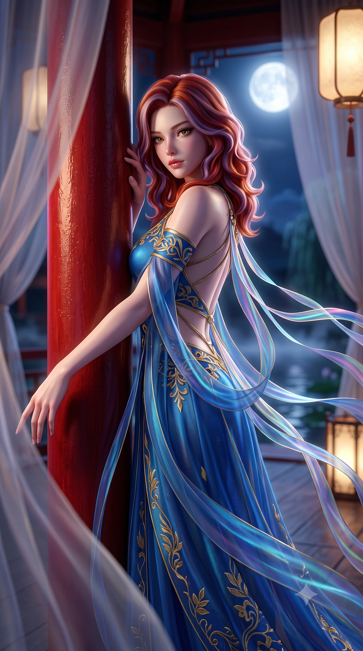 score_9, masterpiece, best quality, ultra-detailed, high-budget anime keyframe, semi-realistic 3D game render, editorial fashion photography, tasteful artistic composition, Caucasian woman. close-up cowboy shot from the waist and thighs up, the character dominates the composition, filling the frame with her large presence. extending one slender arm gracefully toward the foreground while casting an affectionate, mesmerizing glance while leaning against the scarlet pillar of a moonlit silk gazebo as translucent organza curtains sway in the night breeze. The composition keeps background elements in soft focus with creamy bokeh. billowing silk pavilion drapes and water mist layers softened in dreamy atmospheric depth of field. She has an exceptionally elegant, slender, and willowy female figure with an ultra-slim waist, a gracefully sculpted slender torso, toned flat midriff, and a refined slim silhouette. sharp v-shaped jawline, high-bridge nose, intricate jewel-like eyes with depth, thick eyelashes, glossy lips with a natural sheen, captivating and magnetic expression, flawlessly proportioned anatomical accuracy, strict slender model proportions, natural body alignment, perfectly sculpted long slender limbs, ultra-slim waistline, clean dynamic posture without body distortion. wearing a zero-gravity celestial dancer gown with cascading iridescent ribbons and bare back harness in deep azure blue and gold leaf embroidery, crafted from weightless prism organza that refracts light with every motion, complemented by long flowing silk arm ribbons that float weightlessly in the air, the breezy yet form-flattering drape swaying gracefully with her steps, accentuating her long willowy limbs and slim waistline. surrounded by an otherworldly, sacred, and breathtakingly pure moon goddess aura. highly saturated vibrant anime colors, detailed shading with soft gradients, rich glossy textures, high-contrast stereoscopic depth, volumetric dynamic lighting, master piece, 9:16 ratio