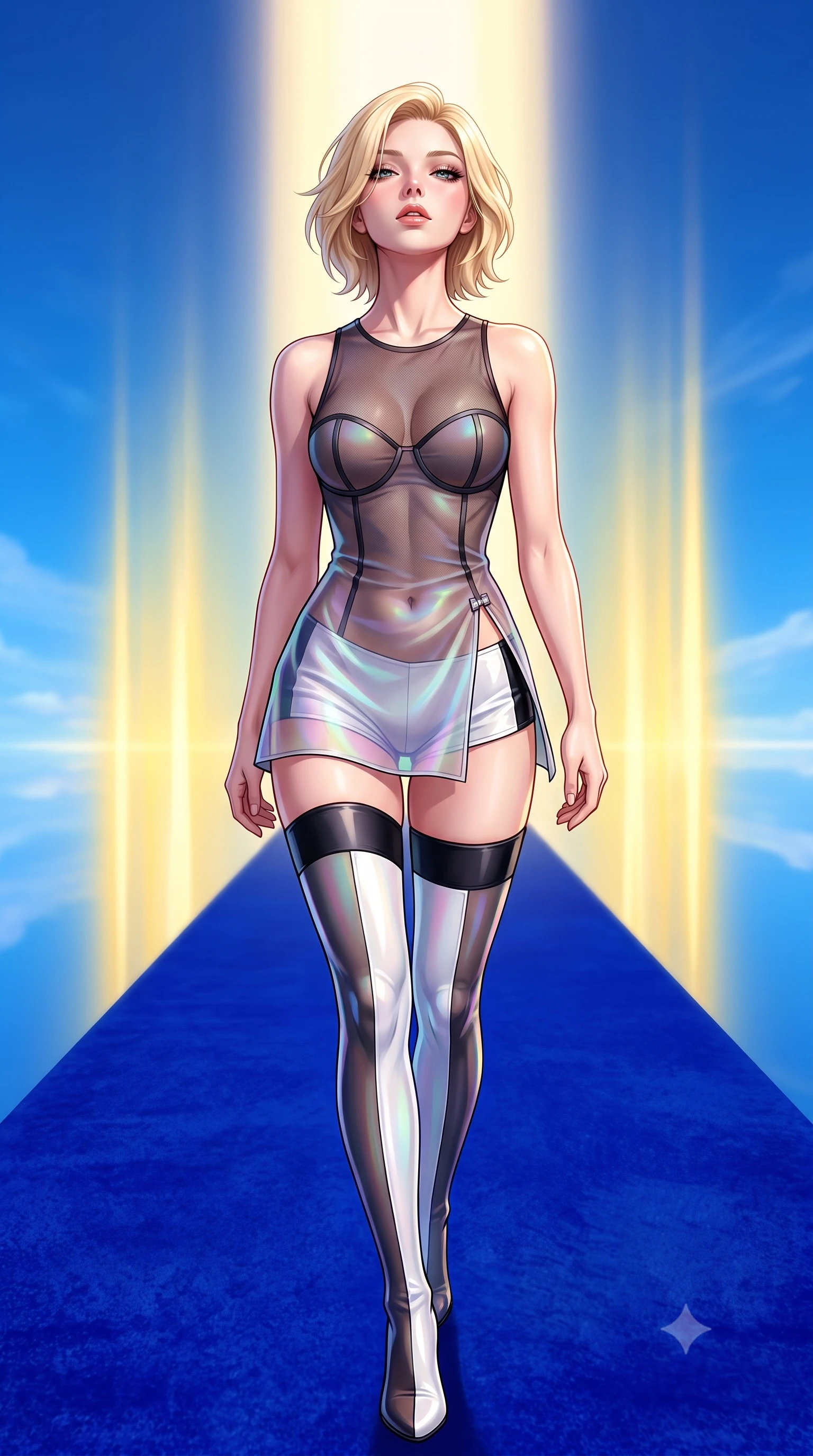 score_9, masterpiece, best quality, ultra-detailed, high-budget anime keyframe, semi-realistic 3D game render, editorial fashion photography, tasteful artistic composition, Caucasian woman. close-up cowboy shot from the waist and thighs up, the character dominates the composition, filling the frame with her large presence. tilting her head back with a sensual alluring expression, exposing her throat and shoulders to the camera with heavy lashes and softly parted glossy lips while striding commanding down a royal blue lapis lazuli runway suspended in the open sky under a vertical pillar of sunlight. The surrounding environment is rendered in vivid detail and crisp panoramic clarity. vivid high-contrast natural gemstone colors and solar brilliance rendered in panoramic precision. She has an exceptionally elegant, slender, and willowy female figure with an ultra-slim waist, a gracefully sculpted slender torso, toned flat midriff, and a refined slim silhouette. sharp v-shaped jawline, high-bridge nose, intricate jewel-like eyes with depth, thick eyelashes, glossy lips with a natural sheen, flawlessly proportioned anatomical accuracy, strict slender model proportions, natural body alignment, perfectly sculpted long slender limbs, ultra-slim waistline, clean dynamic posture without body distortion. wearing a delicate see-through dark mesh top with structured cup boning, paired with high-cut micro-shorts and thigh-high stockings in high-gloss monochrome white and sharp black contrast, made of smooth iridescent silk chiffon that shifts colors with movement, finished with an ultra-high side slit secured by miniature magnetic clasps, the liquid-tight tailored fabric emphasizing every curve of her tall, slender model proportions and sculptured silhouette during dynamic movement. bathed in intense vertical golden sunbursts and rich sky-blue ambient bounce light. highly saturated vibrant anime colors, detailed shading with soft gradients, rich glossy textures, high-contrast stereoscopic depth, volumetric dynamic lighting, master piece, 9:16 ratio