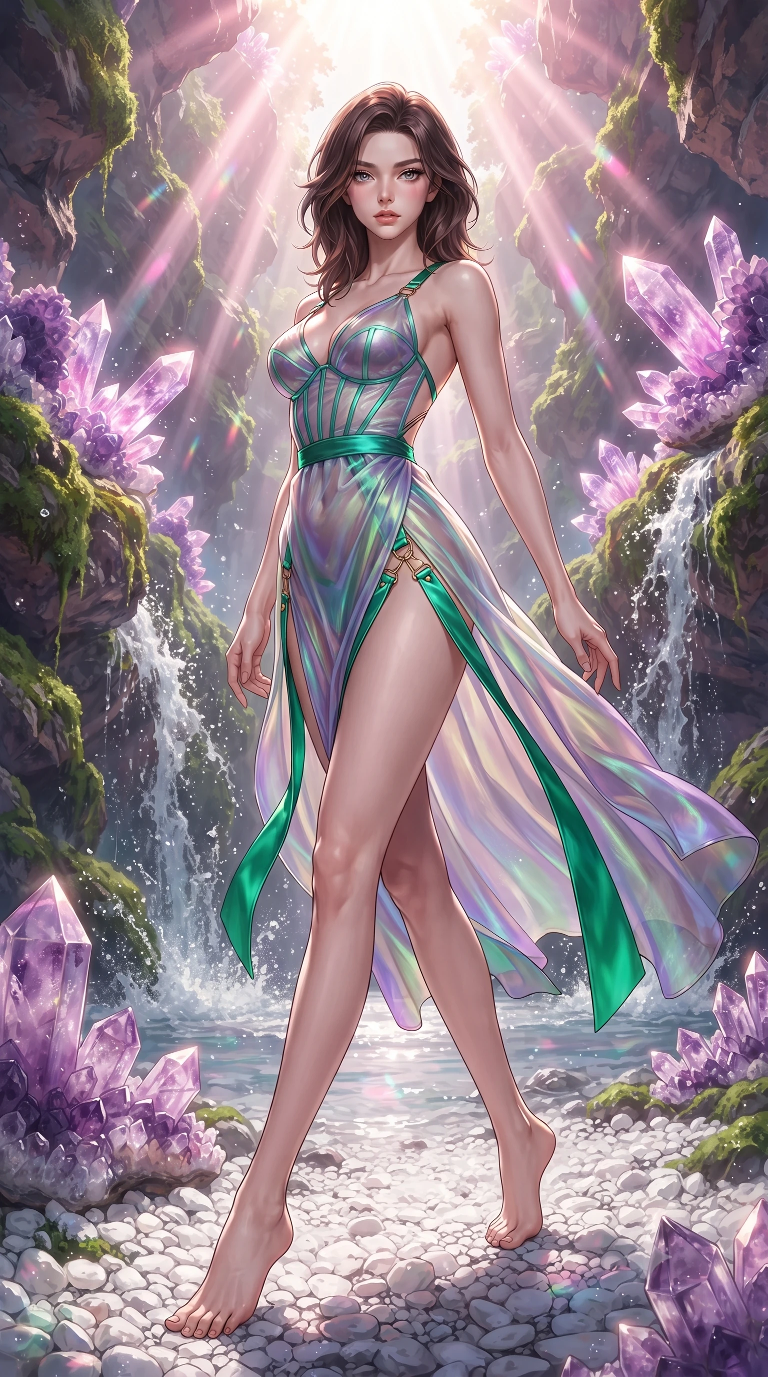 score_9, masterpiece, best quality, ultra-detailed, high-budget anime keyframe, editorial fashion photography, tasteful artistic composition, Korean woman. low angle full-body shot from head to toe showing her feet, filling the entire 9:16 vertical frame with her statuesque presence, stretching her vertical silhouette. arching her back in a fluid zero-gravity turn with sovereign grace, her long slender legs and sculpted torso creating a sweeping line while stepping along a white pebble riverbank with an alluring, direct smolder looking into the camera lens. The surrounding environment is rendered in vivid detail and crisp panoramic clarity. intricate amethyst cluster formations, cascading water splash droplets, and lush canyon moss in high clarity. She has an absolutely perfect, statuesque 8.5-heads proportion, an exceptionally tall and slender model-like female figure with impossibly long slender legs, a toned flat midriff, and an ultra-slim waist. sharp v-shaped jawline, high-bridge nose, intricate jewel-like eyes with depth, thick eyelashes, glossy lips with a natural sheen, flawlessly proportioned anatomical accuracy, strict slender model proportions, natural body alignment, perfectly sculpted long slender limbs, ultra-slim waistline, clean dynamic posture without body distortion. wearing a translucent iridescent organza wrap dress with structured bustier boning, plunging neckline, and high-cut dual leg slits in bright emerald green satin and gold hardware, made of smooth iridescent silk chiffon that shifts colors with movement, complemented by criss-cross back straps highlighting her completely bare spine, the precision-cut daring openings accentuating her delicate midriff, graceful bare collarbones, and ultra-slim feminine waistline. bathed in bright midday sunbeams penetrating canyon depths with glowing pink and violet crystal refractions. ultra-reflective glossy finish, specular highlights, metallic sheen, high-contrast stereoscopic depth, volumetric dynamic lighting, 2k, ultra detail, master piece, 9:16 ratio